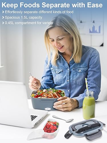Miniatura 5 de Fiambrera eléctrica, lonchera térmica de 80 W para adultos, calentador de alimentos portátil de calentamiento rápido de 1.5 litros para