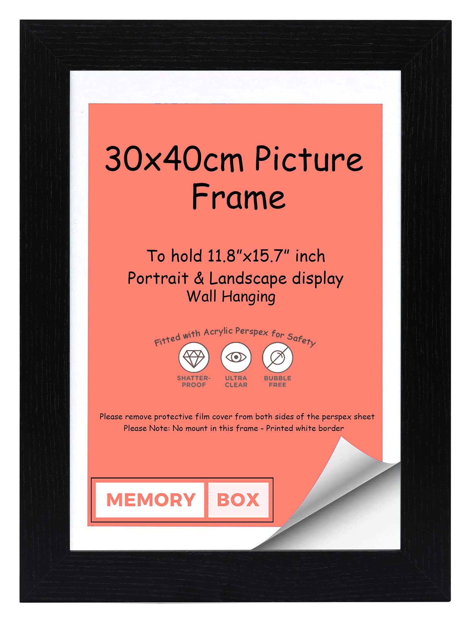 Memory Box Wrapped MDF Picture/Photo/Poster frame with Real Glass - Moulding 30mm Wide and 15mm Deep - (30 x 40cm) Black 11.8" x 15.7"