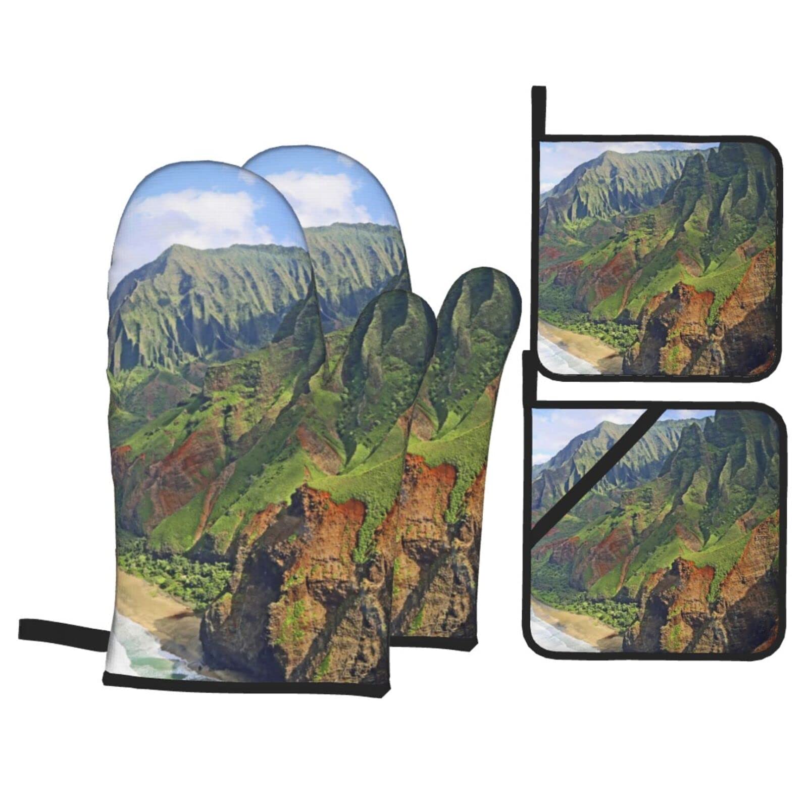 Kauai Hawaii Seashore Print Kitchen Baking Four Piece Set of Heat Resistant Thick Cotton Oven Mitts for Cooking, Baking and Grilling
