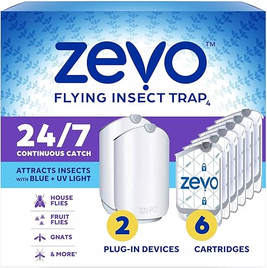Zevo Flying Insect Trap, Fly Trap, Fruit Fly Trap (2 Plug-in Bases + 6 Refill Cartridges)
