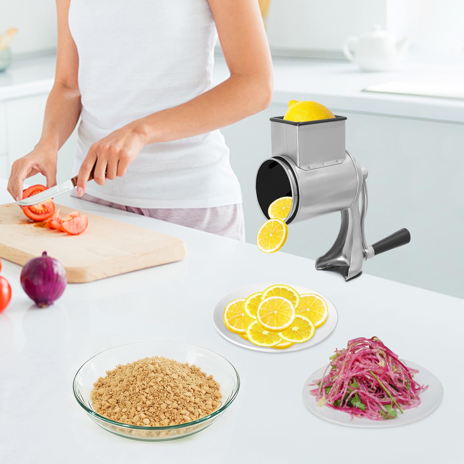 Grattugia a tamburo in acciaio inox con 5 lame, grattugia manuale per verdure con manovella e supporto, grattugia per patate e formaggio, per cucina (24 x 10 cm)