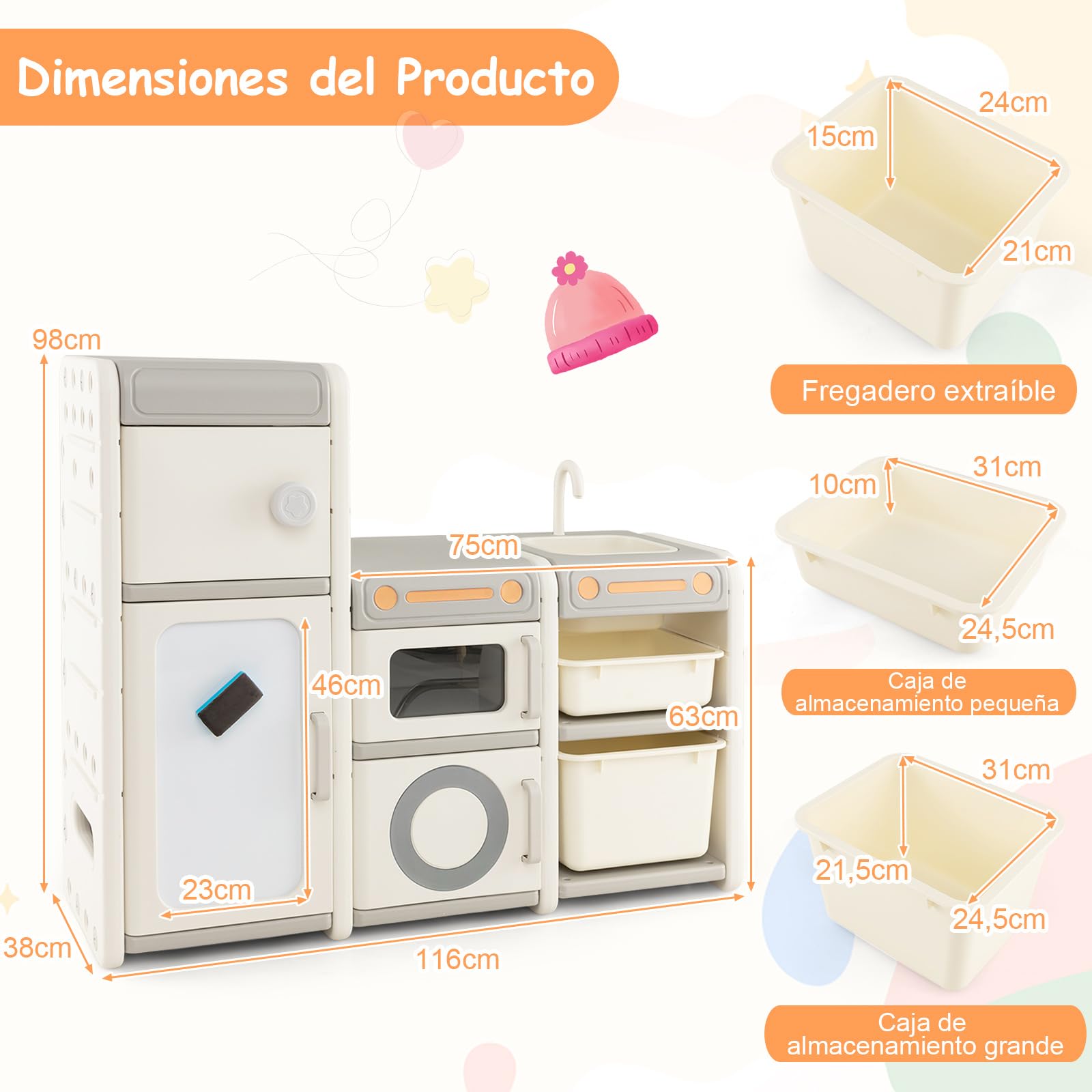 COSTWAY Organizador de Juguetes para Niños, Estantería Infantil para Juguetes con Pizarra Magnética, Fregadero, Grifo Desmontables, Baúl de Juguetes con Armarios Cerrados/Contenedores/Marcadores