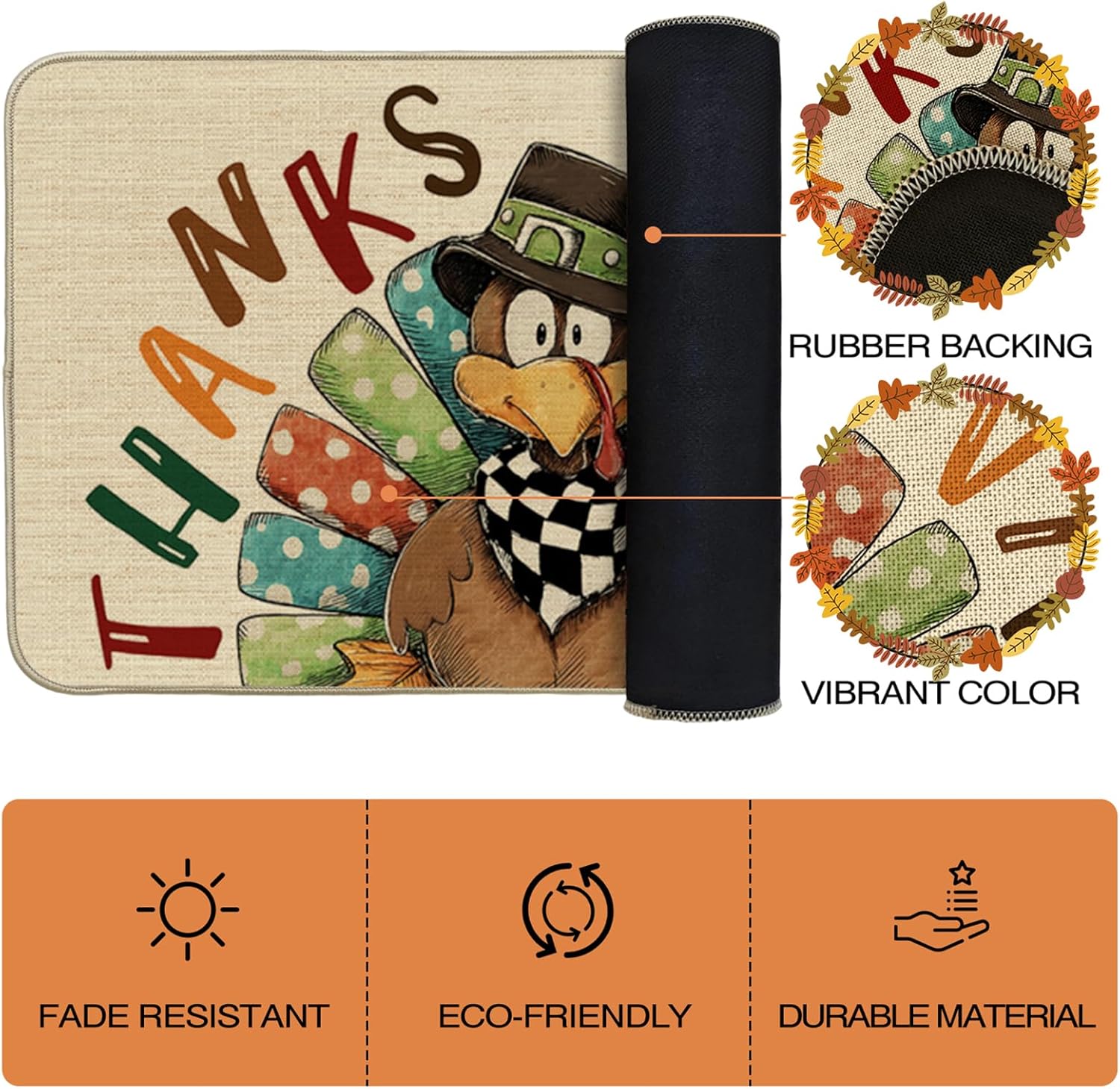 Mocsicka Thanksgiving Turkey Kitchen Rugs Set of 2, Fall Pumpkin Turkey Non Slip Kitchen Mats Home Decor Kitchen Floor Rugs for Hallway Laundry Room, 17"x30"+17"x47" (17"x30"+17"x47")