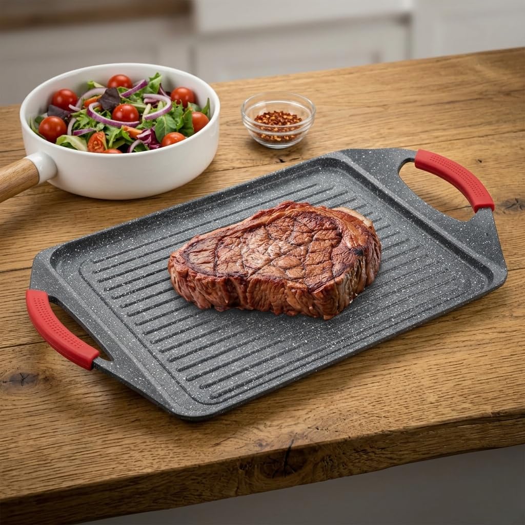 Plancia Bistecchiera Rettangolare Grandi Cotture - Pietra Stone Antiaderente - Manici Silicone Removibili - Induzione [36cm / 47cm] (47 cm)