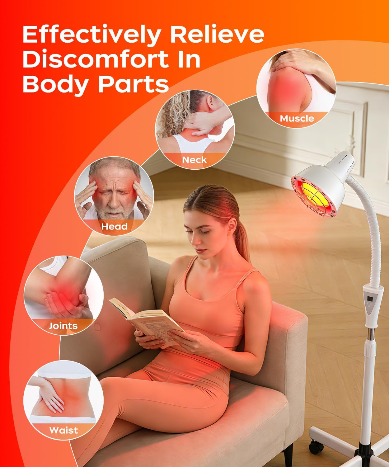 LHCYLDQ 275W Infrared Light Therapy Lamp - Red Near Infrared Heat Lamp for Joint Muscle Pain, Adjustable Standing Lamp Head with Freely Adjustable Temperatur(White) - Image 3