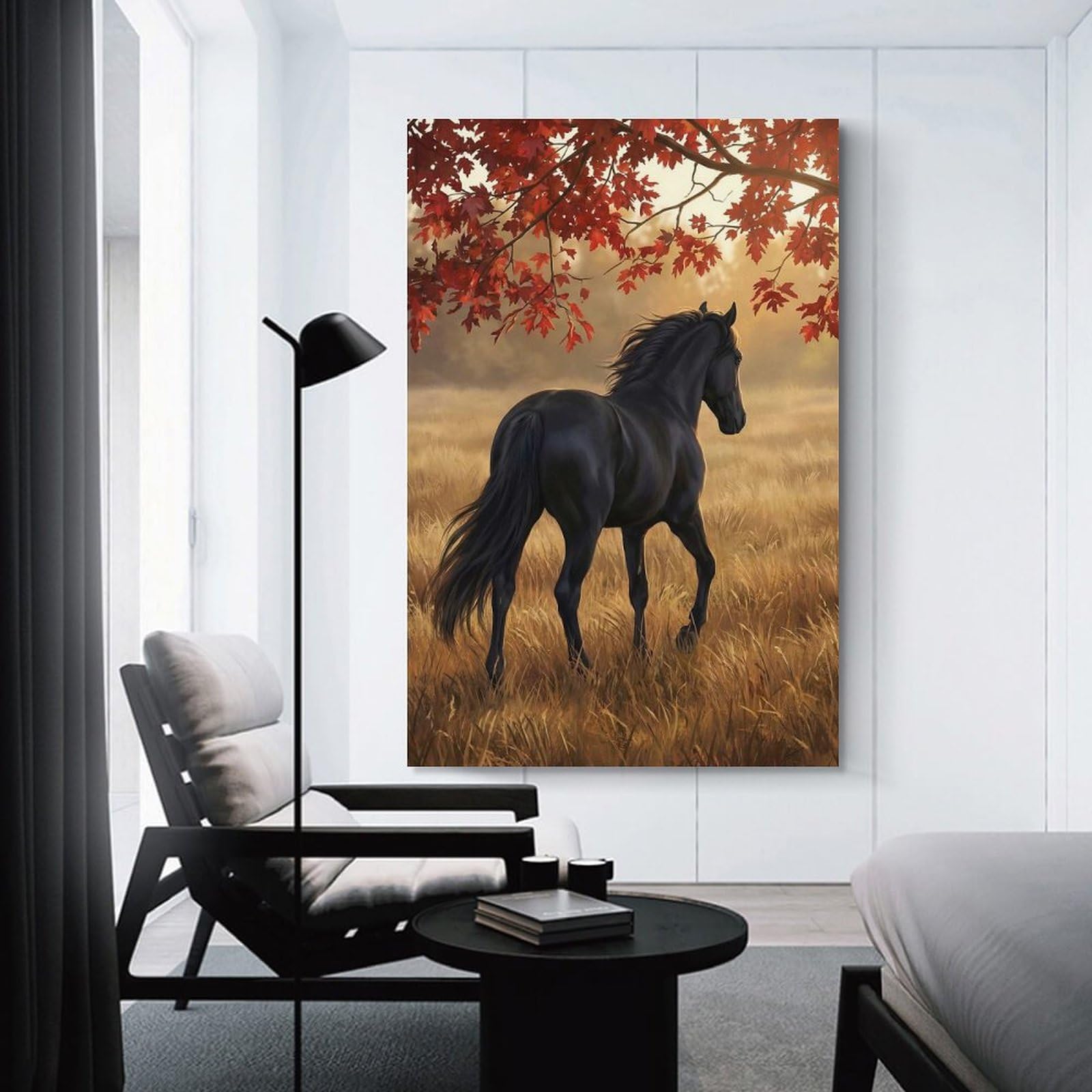 Junmoney Black Horse in Autumn Field Wall Picture Print 24x36inch(60x90cm), for Home Walls, Creative Rooms Or Shared Spaces, Stylish Home Artwork for Focal Walls