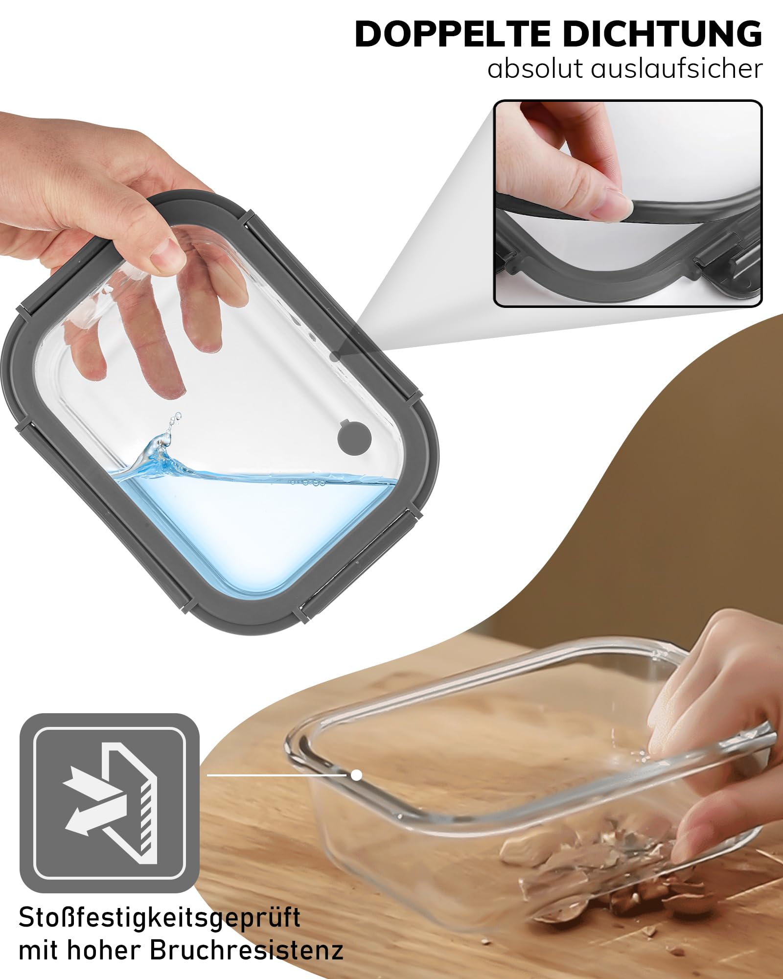 5er-Pack Borosilikatglasbehälter mit gehärtetemDeckel, 1040 ml/ 4,4 Tassen, luftdichtes Mahlzeiten-Vorbereitungs-Set, mikrowellen-/gefriergeeignet/ofen­fest-20℃~510℃, Grau