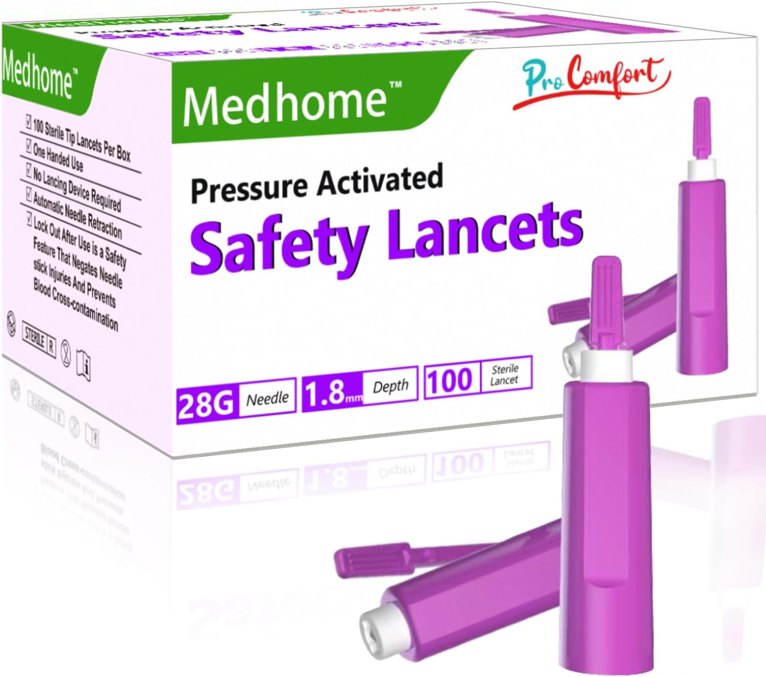 Pressure Activated Safety Lancets, 100 Count, Sterile, Single Use and Gentle for Comfortable Testing(28 G)