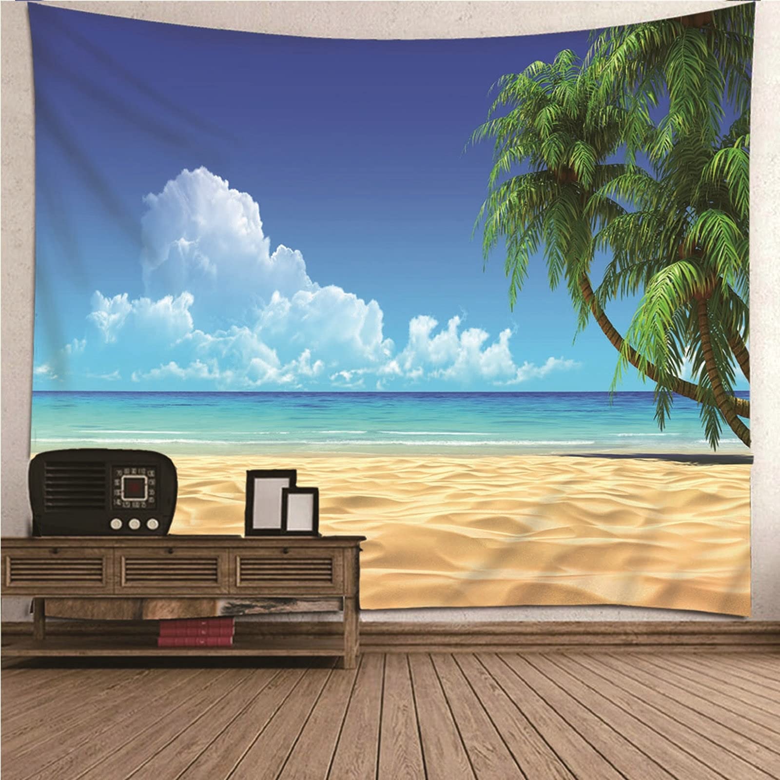 Aeici Tapiz Tela Muro Playa, Tapices Pequeños Pared Tapiz Playa Coconut Tree Océano Cielo- Azul Verde, 300x260CM