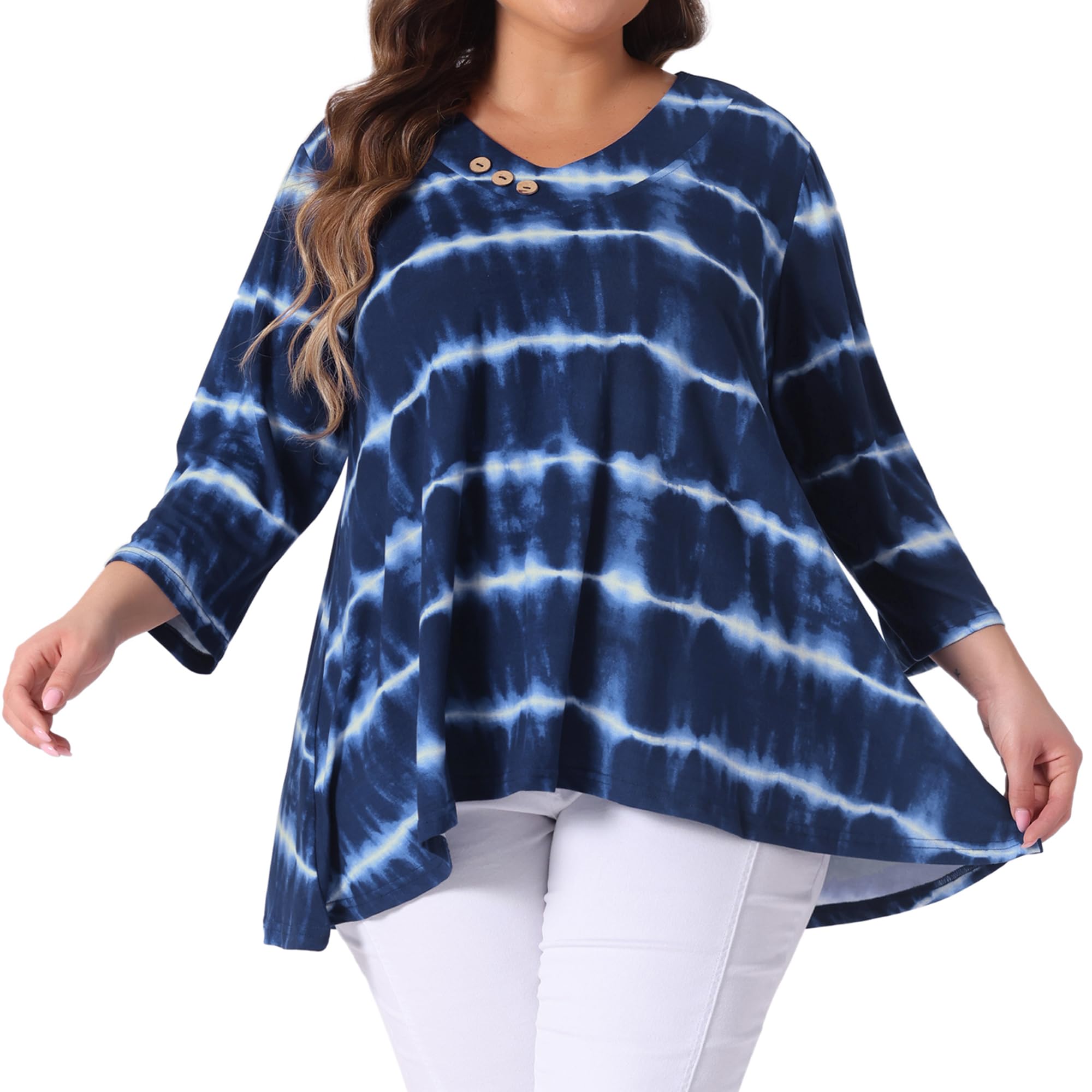 Agnes Orinda V Neck Plus Size Tops for Women Elbow 3/4 Sleeve Loose Fit Casual Blouse Tee Top Tie Dye T Shirts Trendy