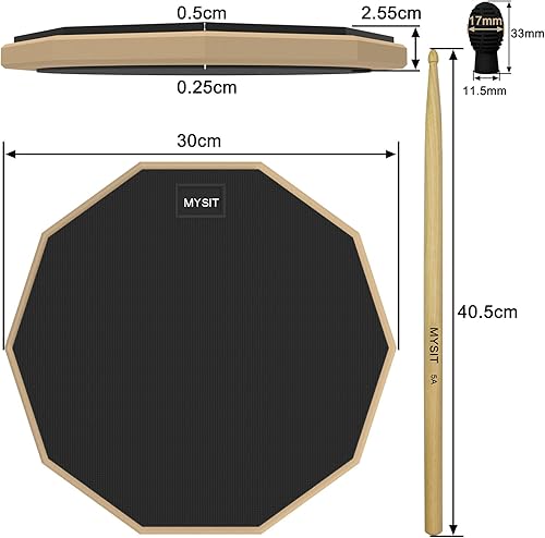 Miniatura 3 de MySit Juego de almohadillas y palos de práctica de tambor de 12 pulgadas con 2 puntas de silicona para baquetas (negras), almohadillas silenciosas