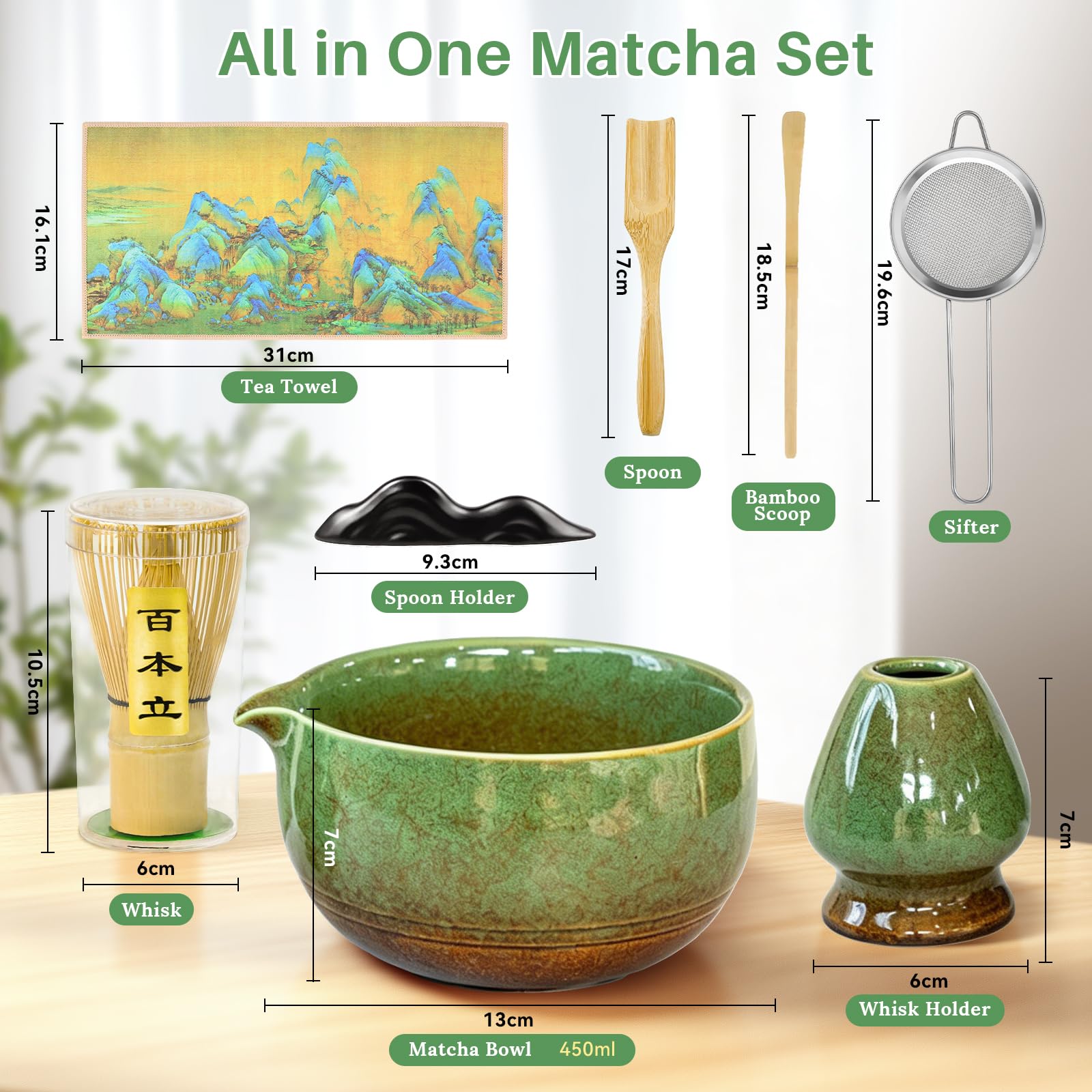 Matcha Kit 8 Piezas - Kit Té Matcha Completo con Tazón de Matcha con Pico, Batidor de Bambú (Chasen) y Accesorios Completos, Perfecto para Ceremonias Japonesas y Lattes Caseros (Matcha Verde) — view 2