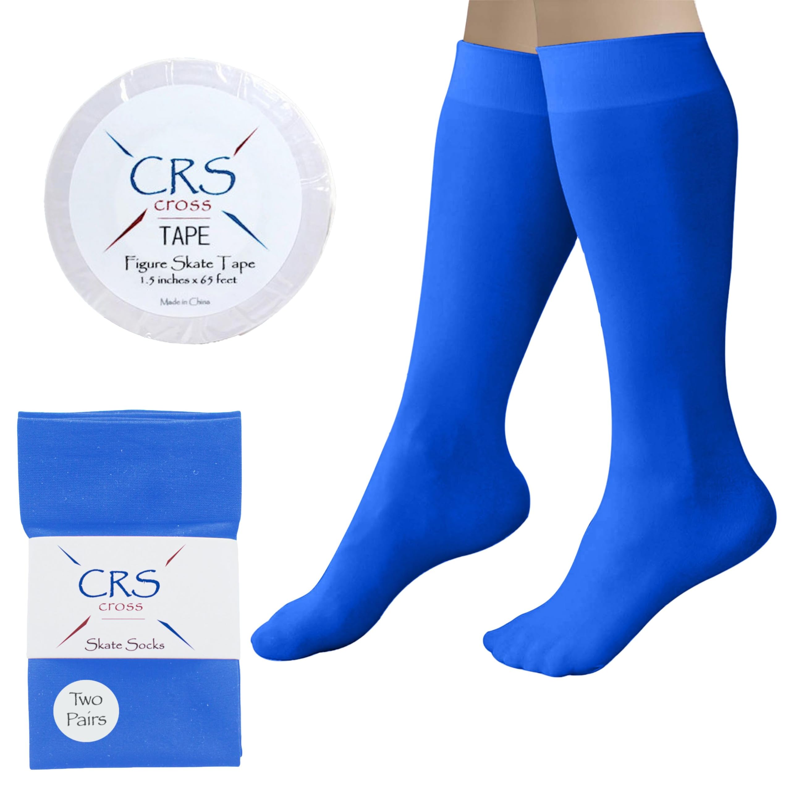 CRS Cross Figure Skating Socks Blade Blue (2 Pair) and Figure Skate Tape (1.5 inch Wide)