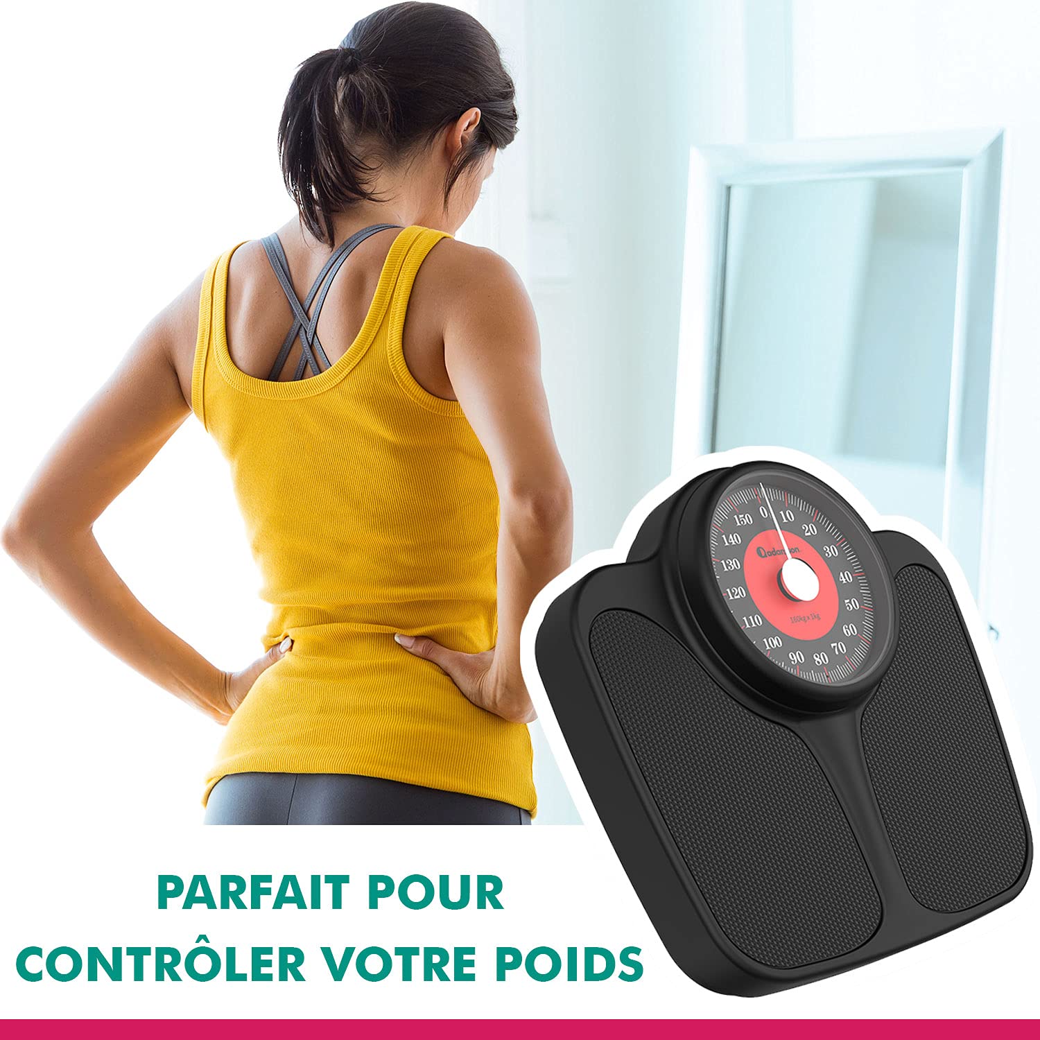 Adamson A23 Pèse-Personne Pour Poids Corporel - Jusqu’à 160 KG - Balance XL Surdimensionnée 36X35cm - Surface en Caoutchouc Antidérapante Chiffres Grands - Pèse-Personne Analogique -20 Ans de Garantie