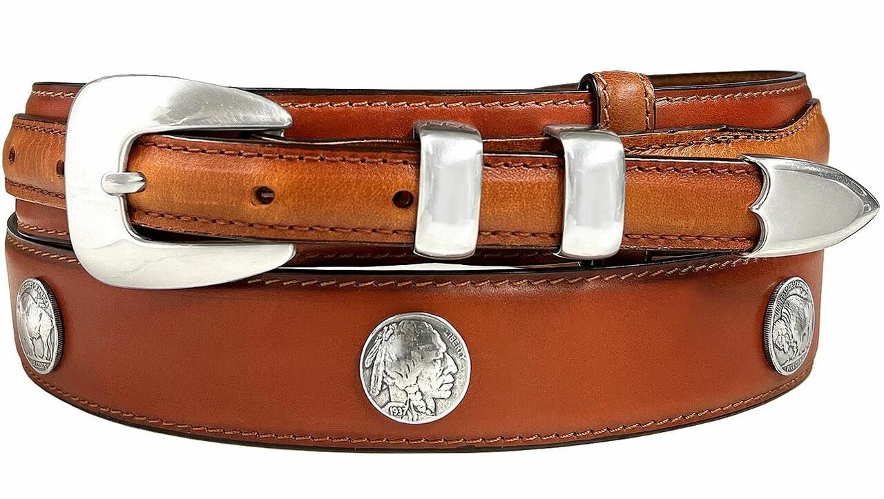 Silver Mirror Buckle Oil Tanned Genuine Leather Western Ranger Belt 1-3/8"(35mm) Taper to 3/4"(19mm) Wide-Multiple choices