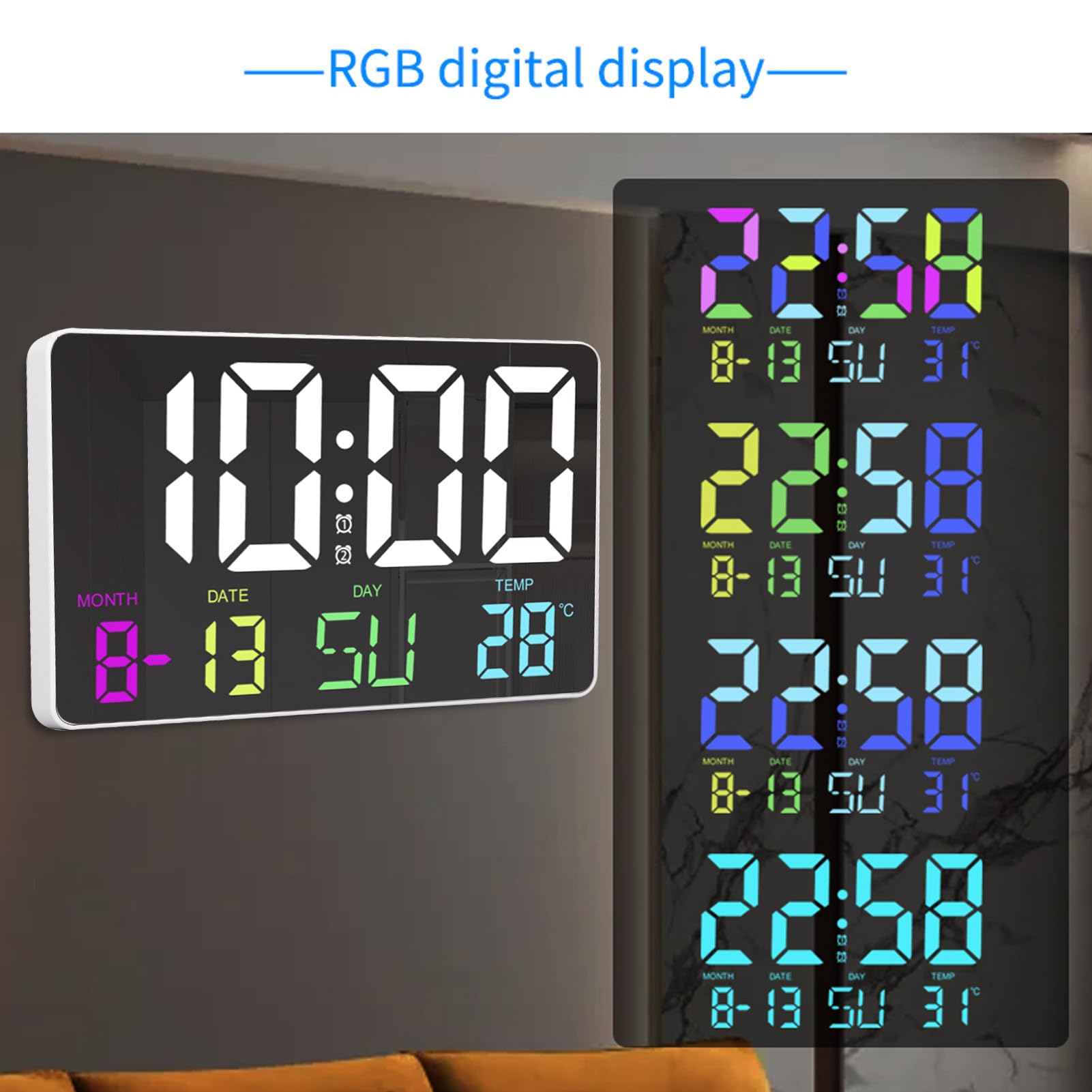 Headerbs Digitale Wanduhr, LED Große Wanduhr mit Fernbedienung, ABS, für