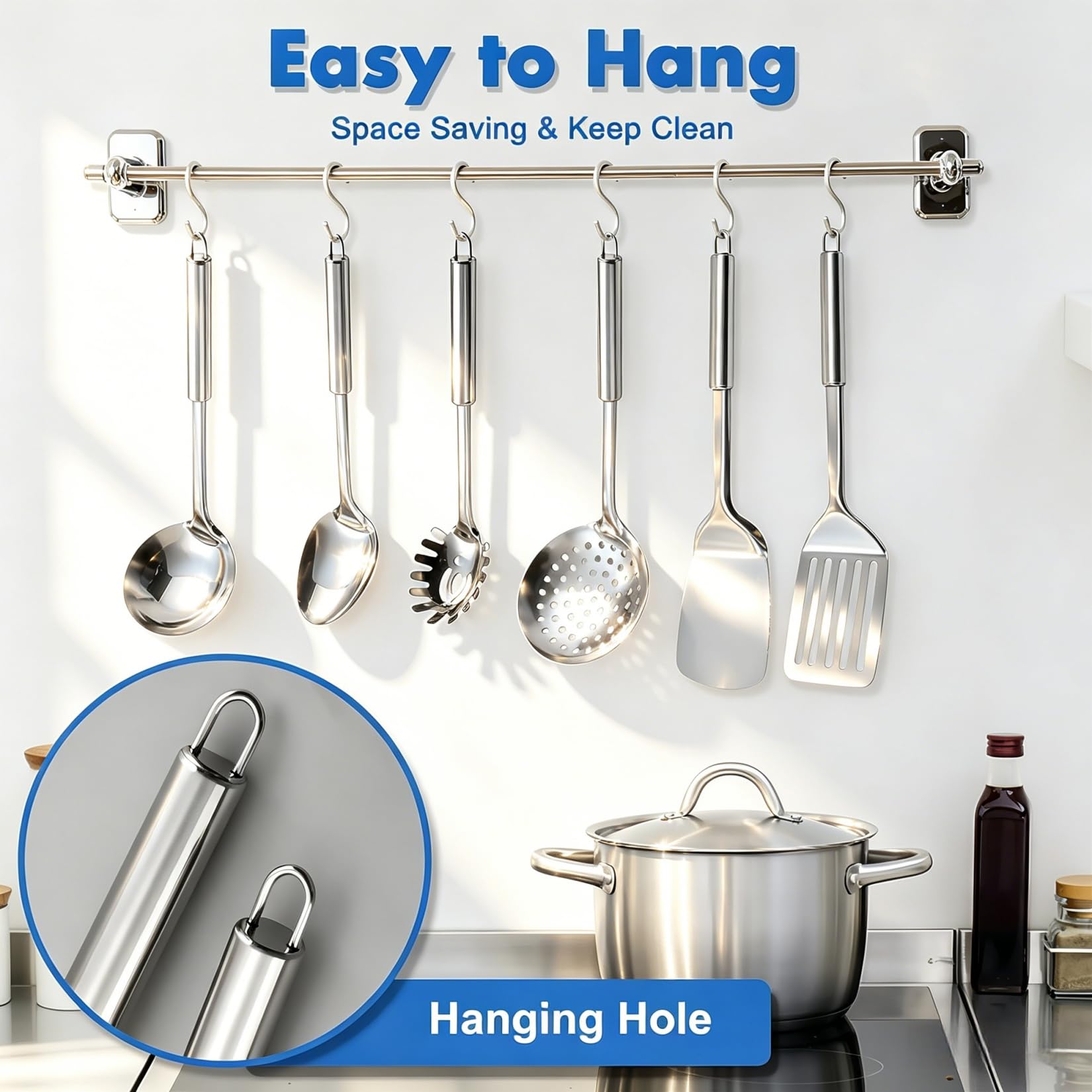 Juego de 11 utensilios de cocina de acero inoxidable con soporte, resistentes al calor, para cocinar con volteadores, triturador de patatas, skimmer, cucharón, pinzas, batidor