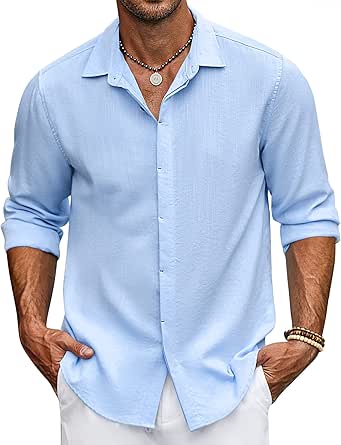 COOFANDY Men's Linen Shirt Long Sleeve Beach Button Up Shirt Casual Shirt for Men Summer Wedding Shirt