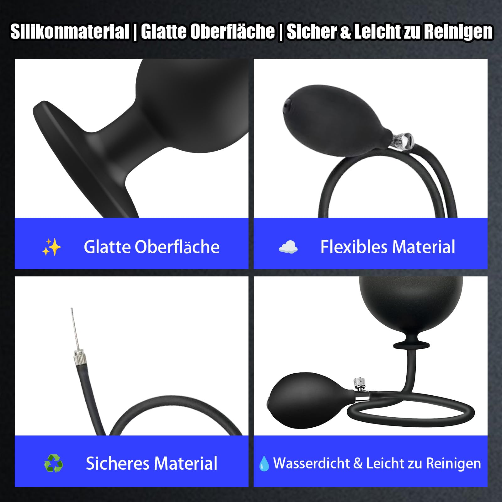 AMAZBEE Tapones anales de silicona para masaje de próstata Tapones anales inflables con bombas Estimulación del punto G Juguetes anales para parejas Entrenamiento de expansión anal (Black)