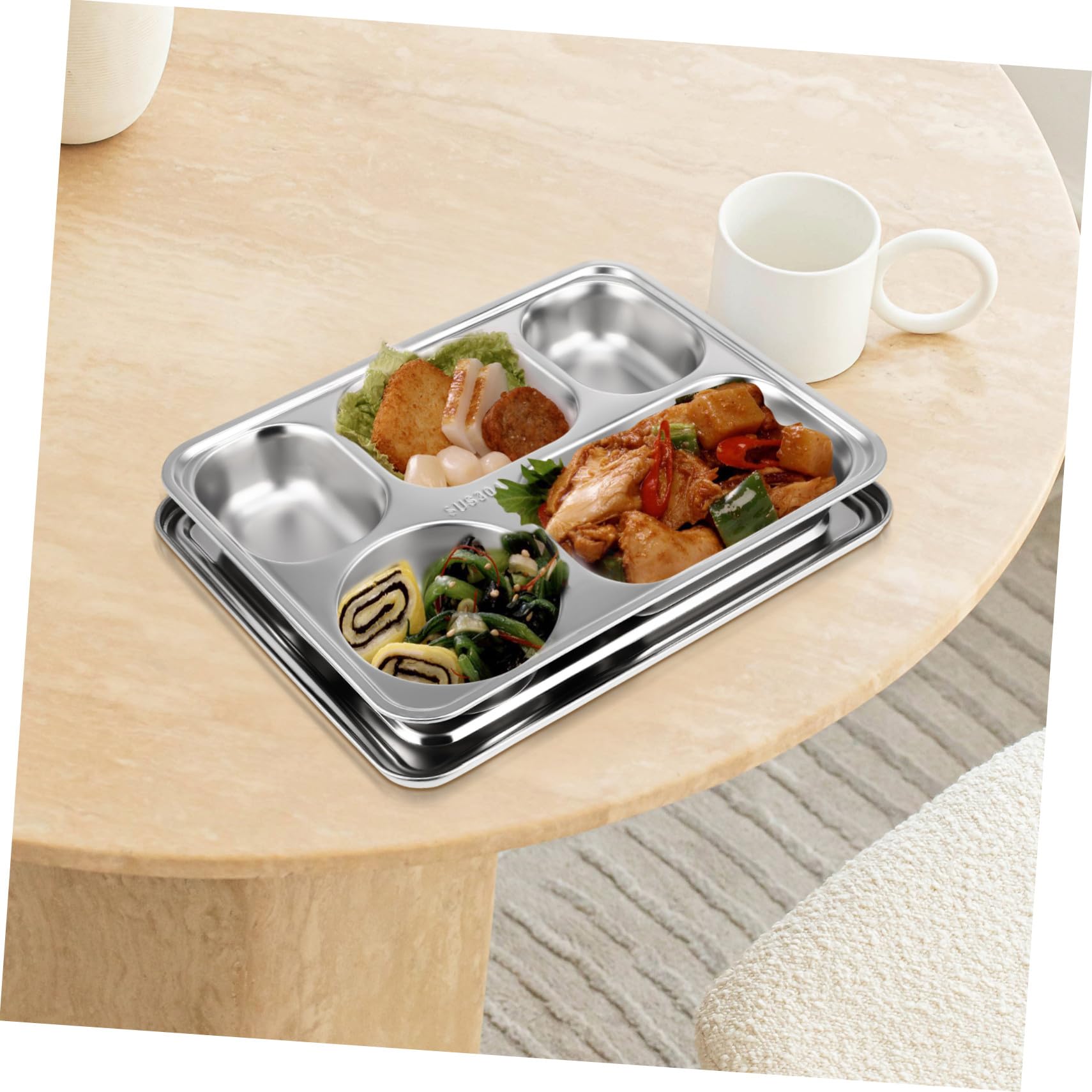 Plateau-Repas Compartimenté en Acier Inoxydable, Assiette Double sous-Grille pour Garçon et Filles, Repas en Cantine
