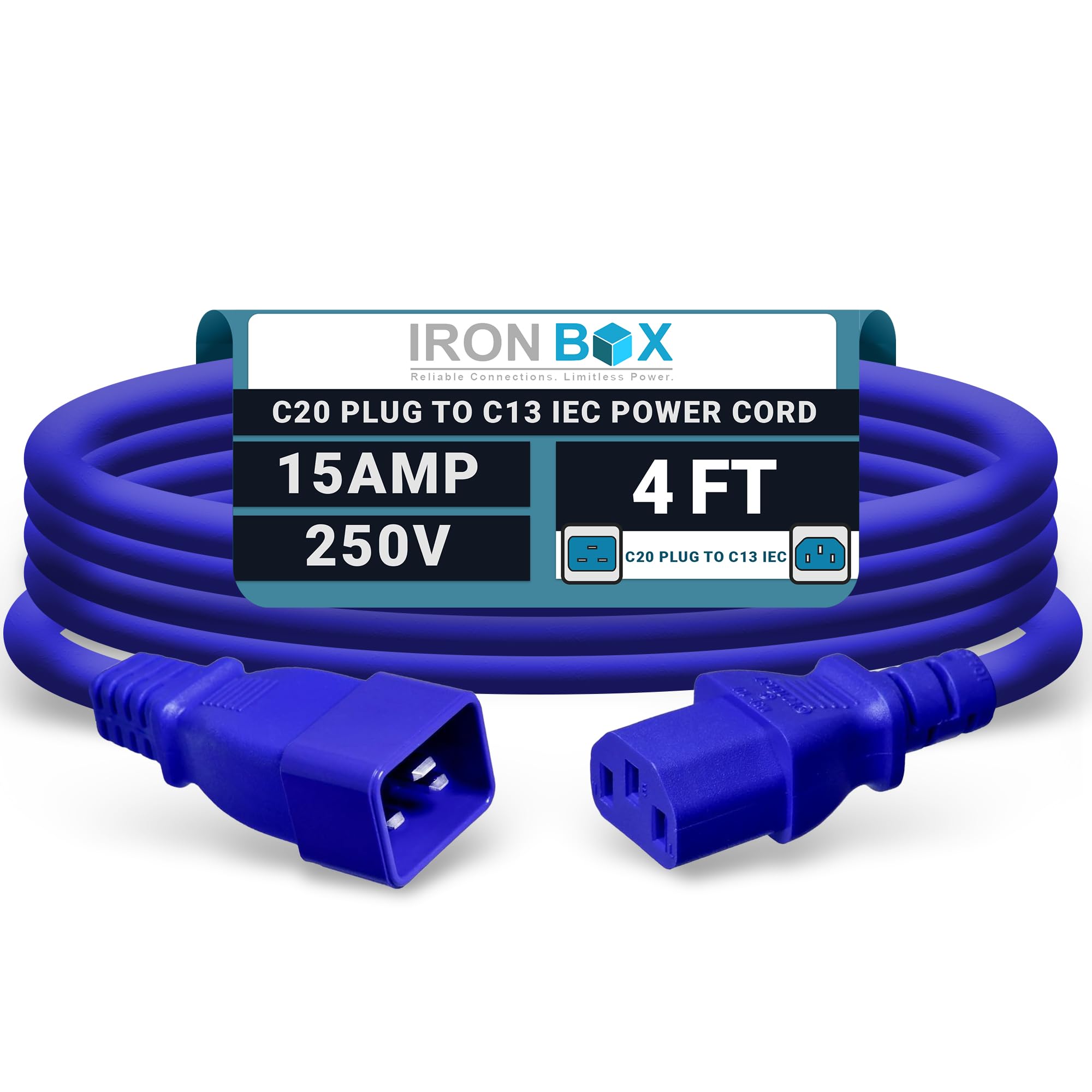 IronBox Electric C20 Plug to C13 IEC Connector Power Cord - 15A/250V, 14/3 AWG SJT - Heavy Duty Power Cable - Extension Cable - UL Listed Jumper Cord for Computer, Monitor & More (4ft, Blue)