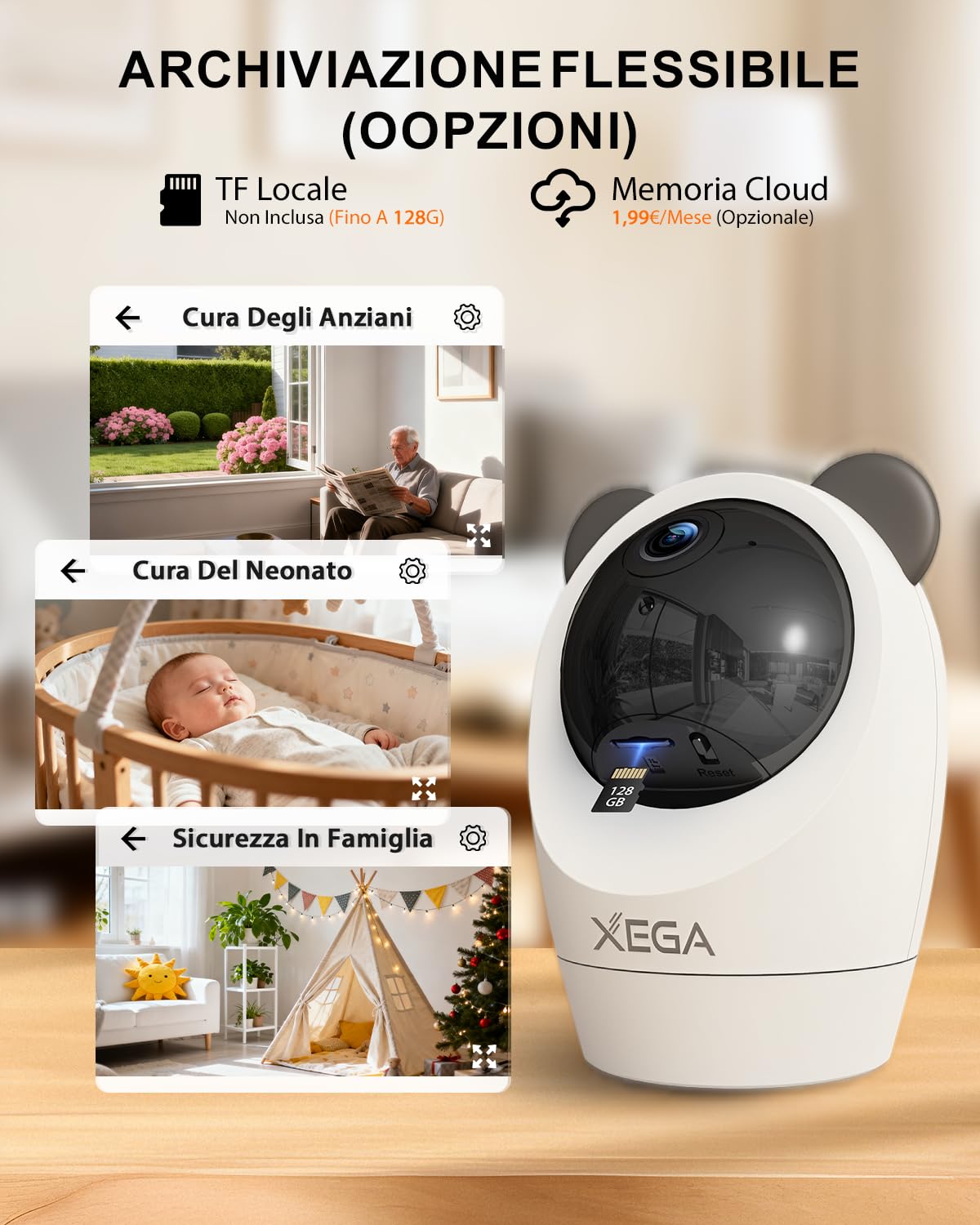 Xega Telecamera 4G Interno SIM, 24/7, 2K Notte, Senza WiFi, 355° Pan | Rilevamento PIR, Audio Bidirezionale, TF/Cloud, 60° Tilt, Per Neonati, Anziani e Animali
