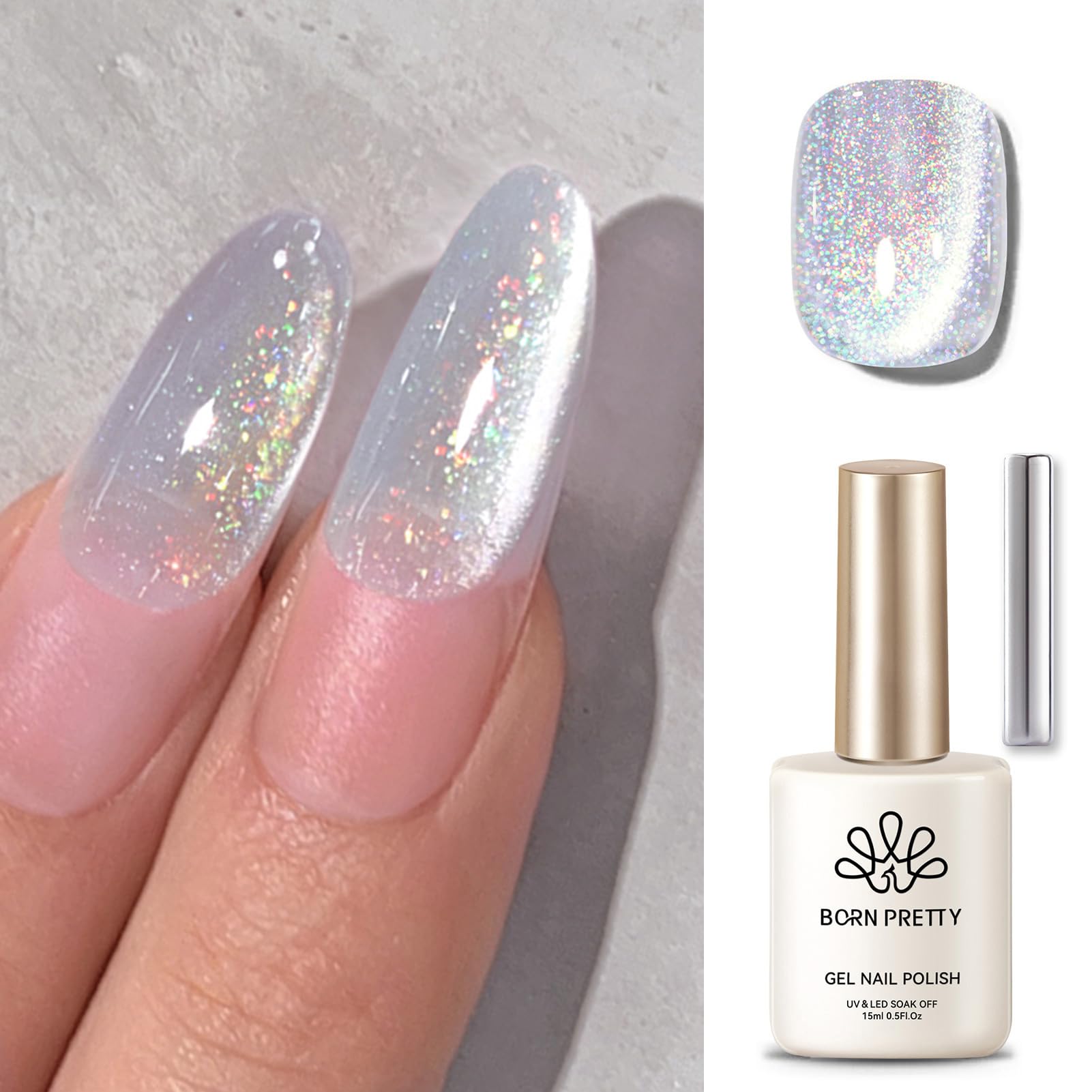 Born Pretty White Glitter Cat Magnetic Eye Gel Nail Polish, Holographic Glitter Iridescent Polish Soak Off Manicure Salon DIY Gifts 15ML