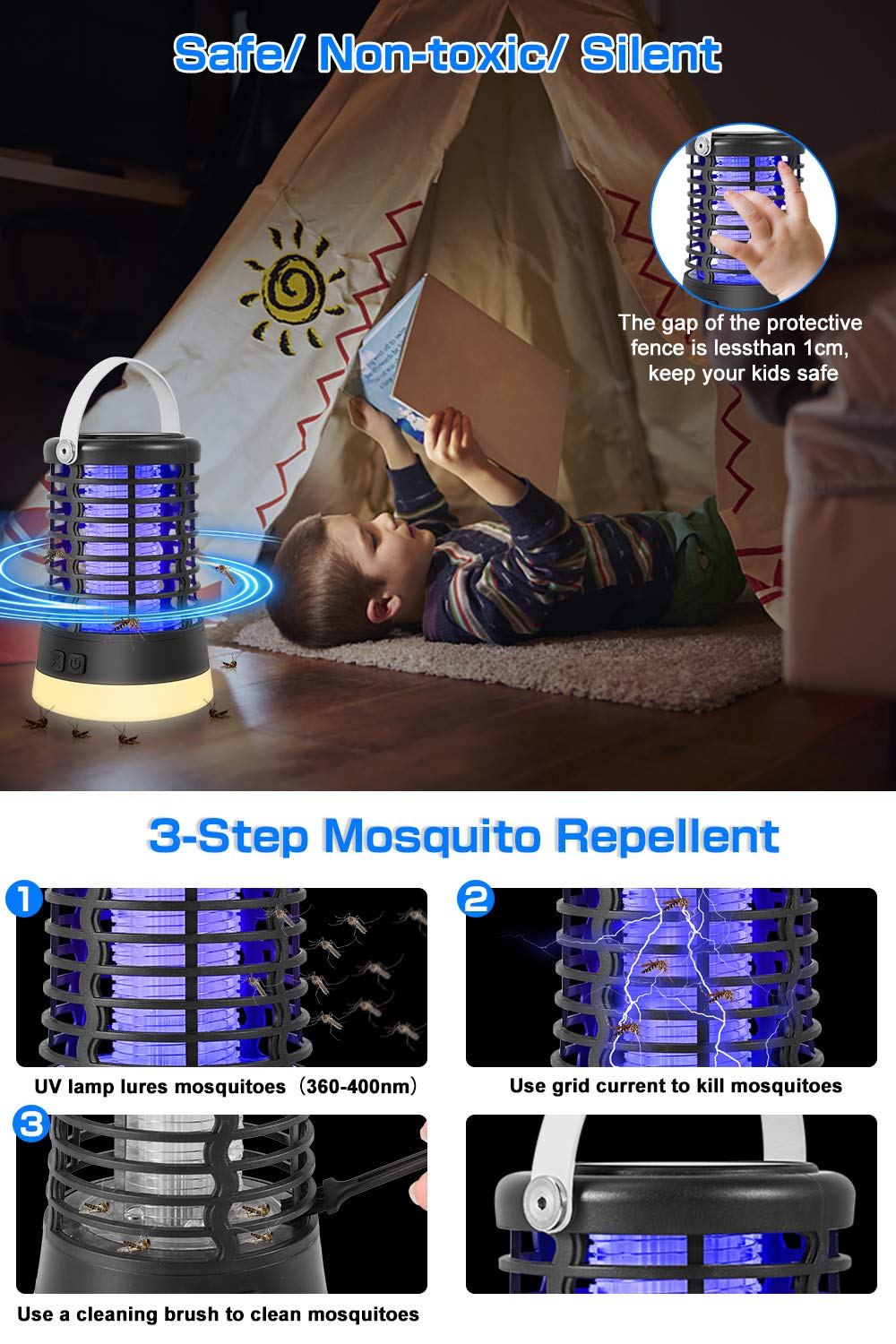 ZOTO Insetticida elettrico 3 in 1, 3 modalità di illuminazione, lampada antizanzare con luce SOS IP67, impermeabile, 2200 mAh, batteria incorporata, lampada da campeggio per interni ed esterni gancio