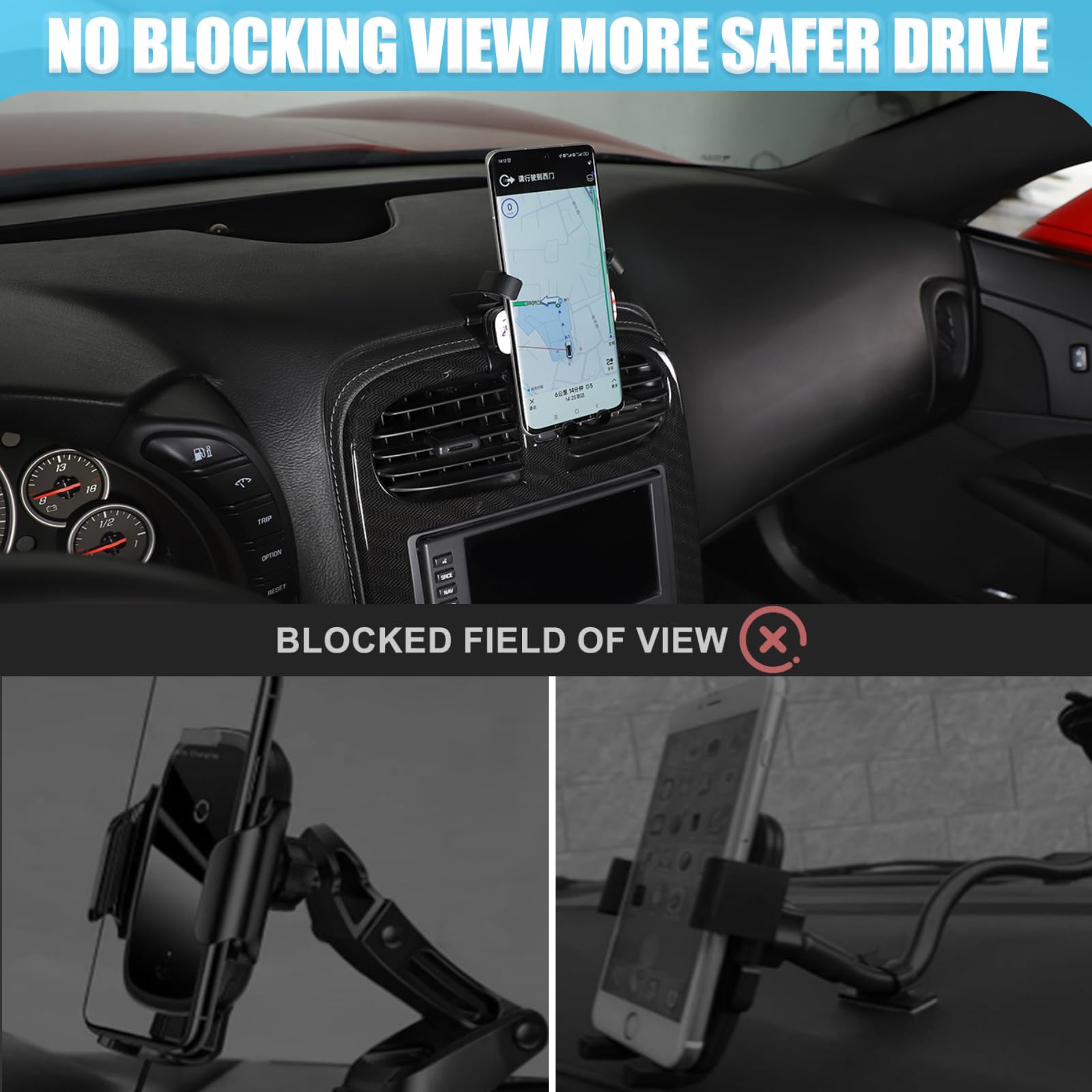 Soporte de teléfono para coche Corvette C6 2005-2013, consola central, rejilla de ventilación, giratorio, fijo, soporte de teléfono móvil para coche, compatible con iPhone, Android, smartphones
