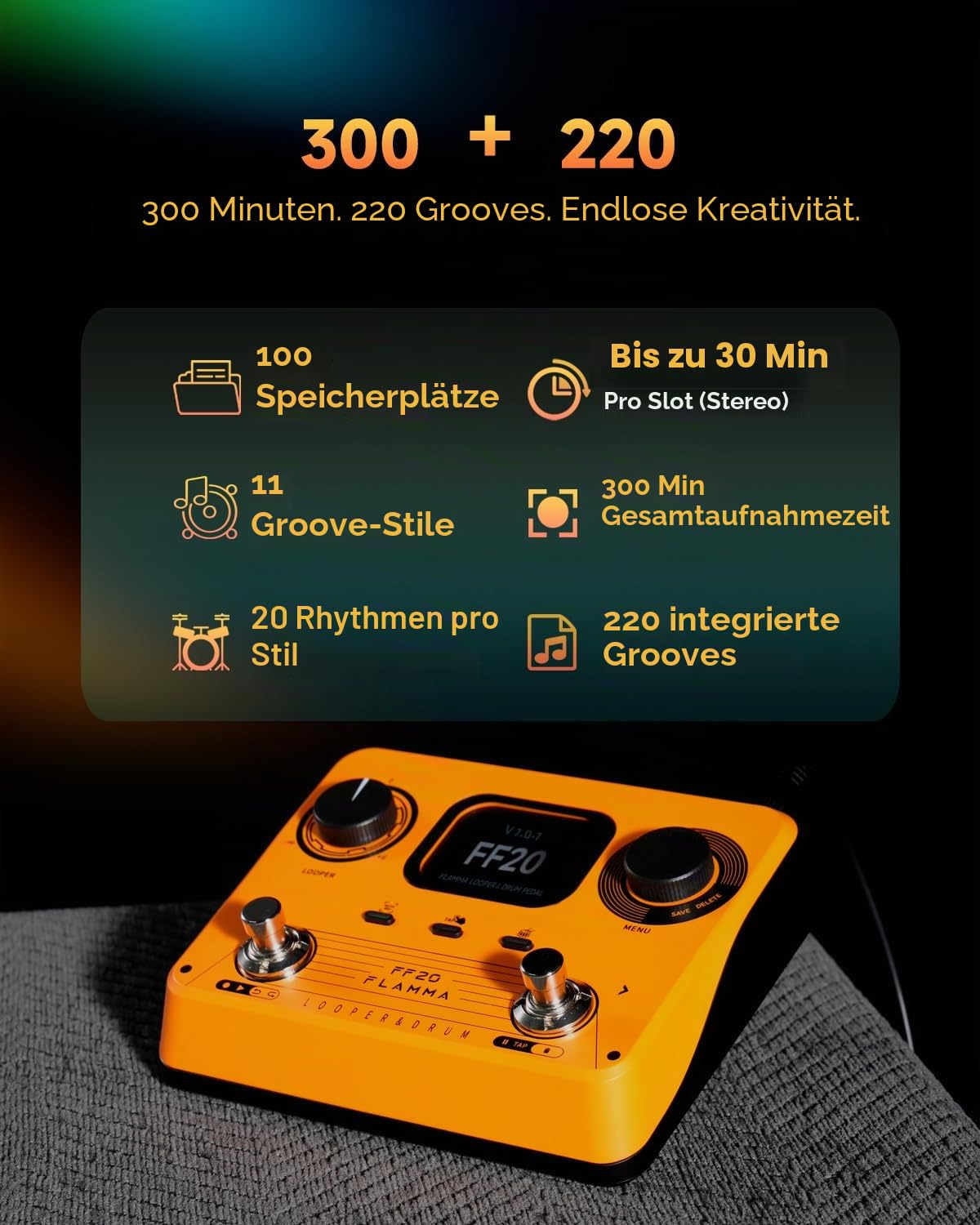FLAMMA FF20 Looper-Pedal mit integrierter Drum-Maschine – 300 Min Stereo-Aufnahme, 220 Drum-Grooves, 100 Speicherplätze, Time-Stretch, Auto-Record, USB & Kopfhörerausgang – für Gitarre & Bass