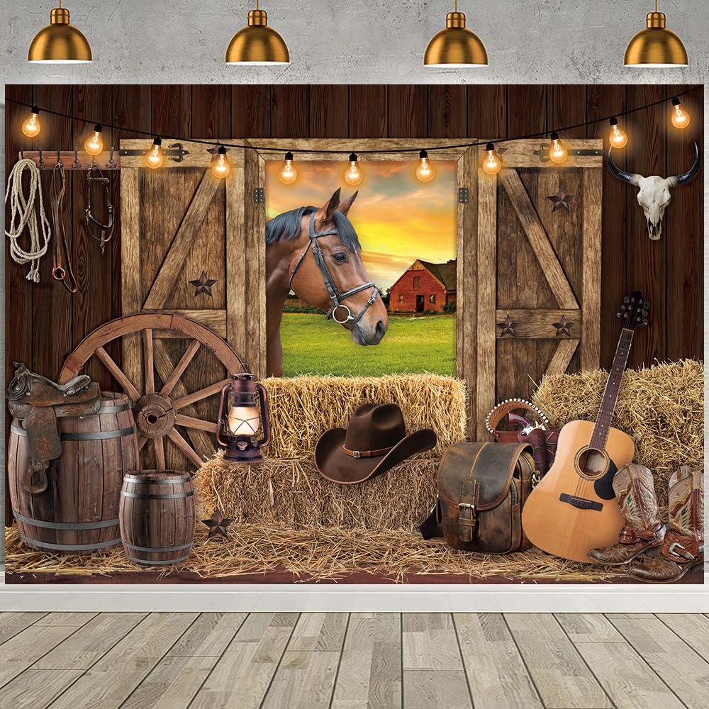 Toile de Fond de Cowboy Occidentale en Bois Rustique pour Enfants et Adultes - Décoration de fête prénatale (210 x 150 cm)