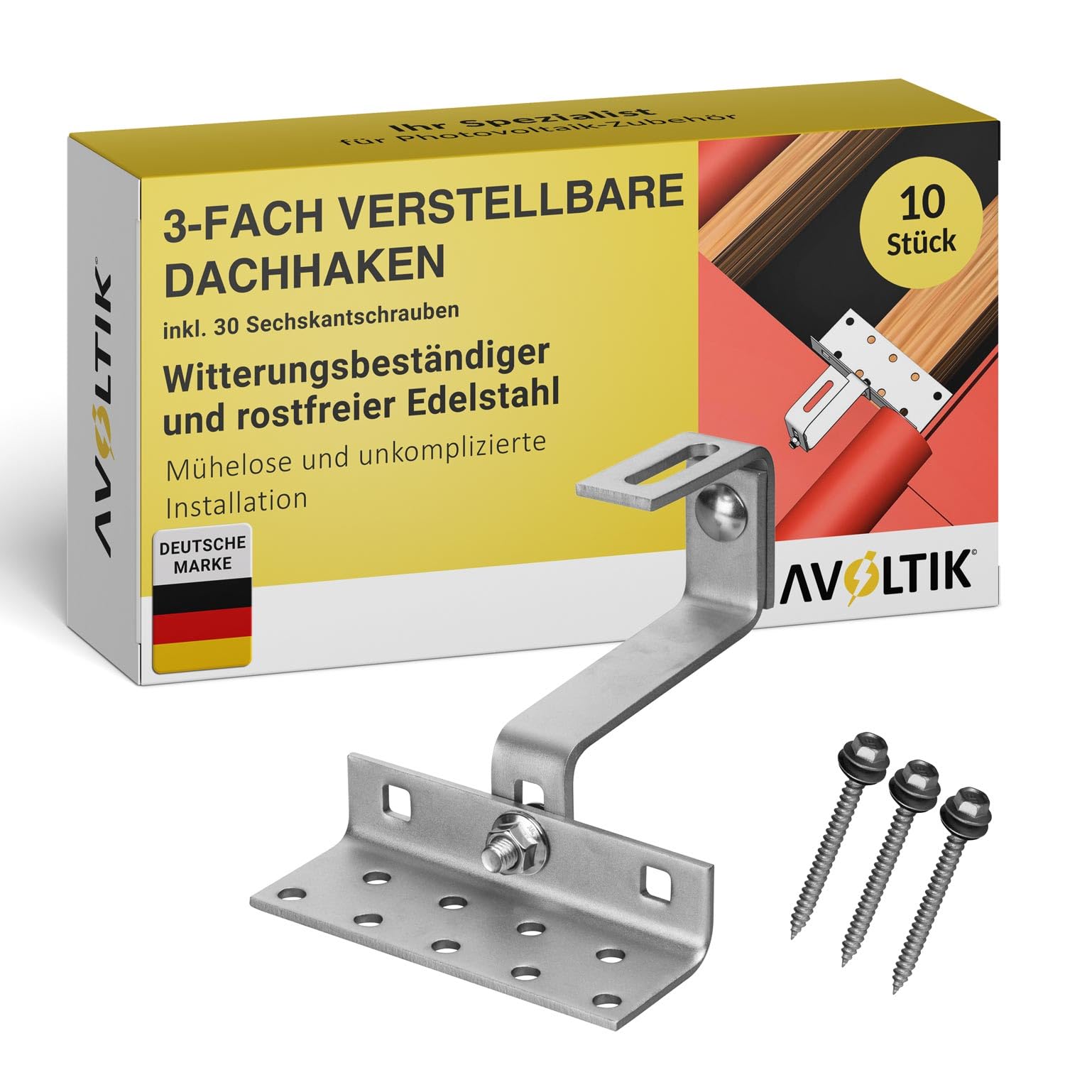 Avoltik 10 x Dachhacken Photovoltaik für Ziegeldach I 140mm aus Edelstahl I Inklusive Sechskantschrauben I 3-fach Verstellbar