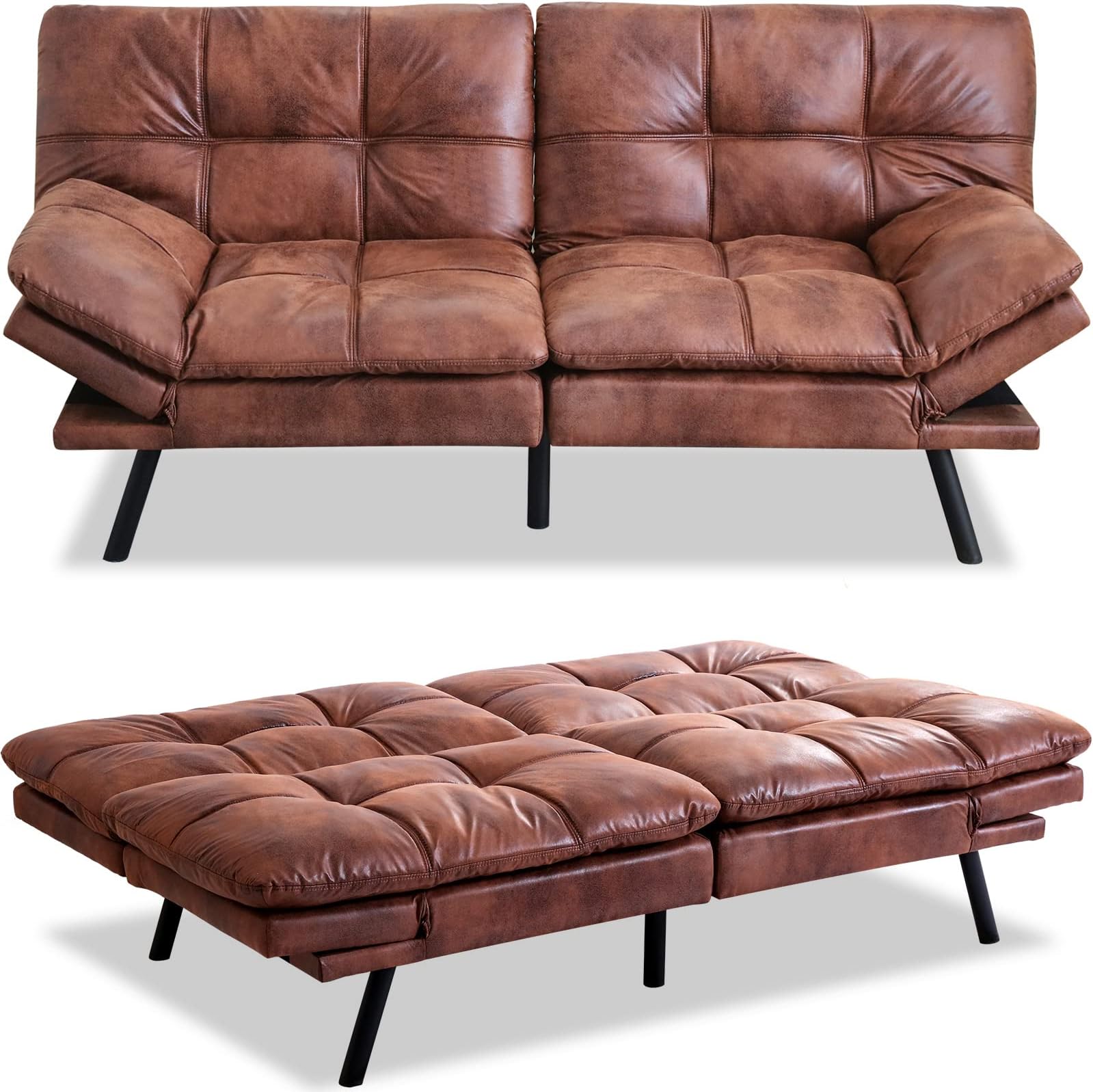 MUUEGM Futon Sofa Bed Convertible Memory Foam Sleeper Couch Bed for Living Room,Modern Faux Leather Fabric Lounge Loveseat w/Adjustable Backrest Armrests,Splitback Daybed for Small Compact Space,Brown