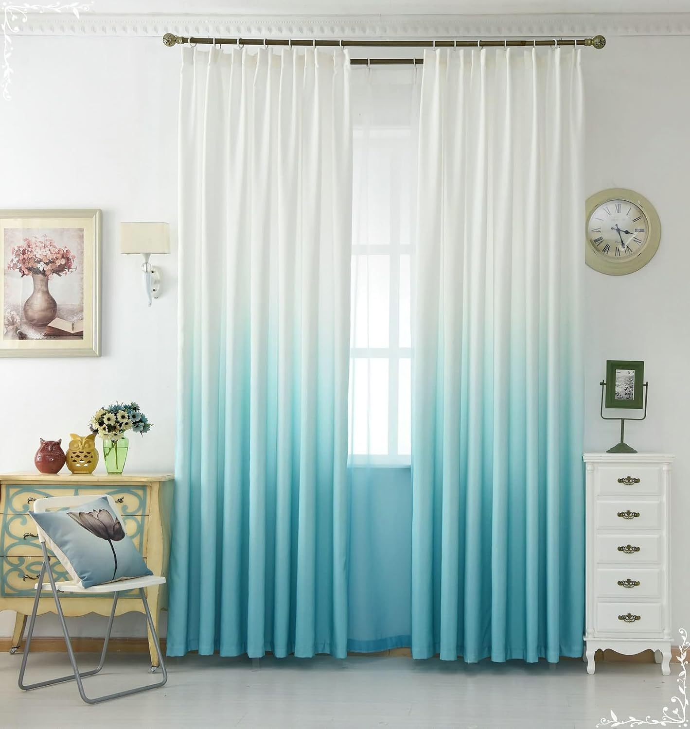 Daesar Bedroom Blackout Curtains 45 Inch Length, Hooks Drapes Room Darkening Curtains Gradient Solid Blue Short Blackout Curtain for Window Treatment Living Room 42x45 Inch, 2 Panels
