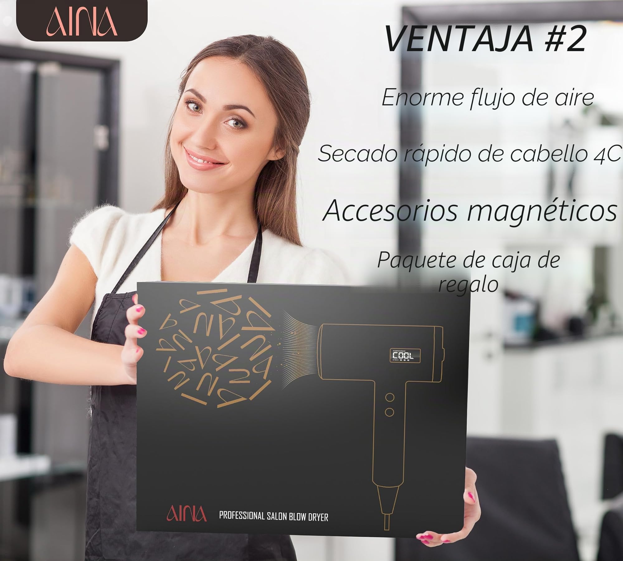 Secador de pelo AINA Pro Salon (nueva tecnología),2300W con peine difusor para mujeres | BLDC | Motor sin escobillas de 150,000 rpm | Iónico | Pantalla LED | 4 accesorios magnéticos 230V/EU(rosa)