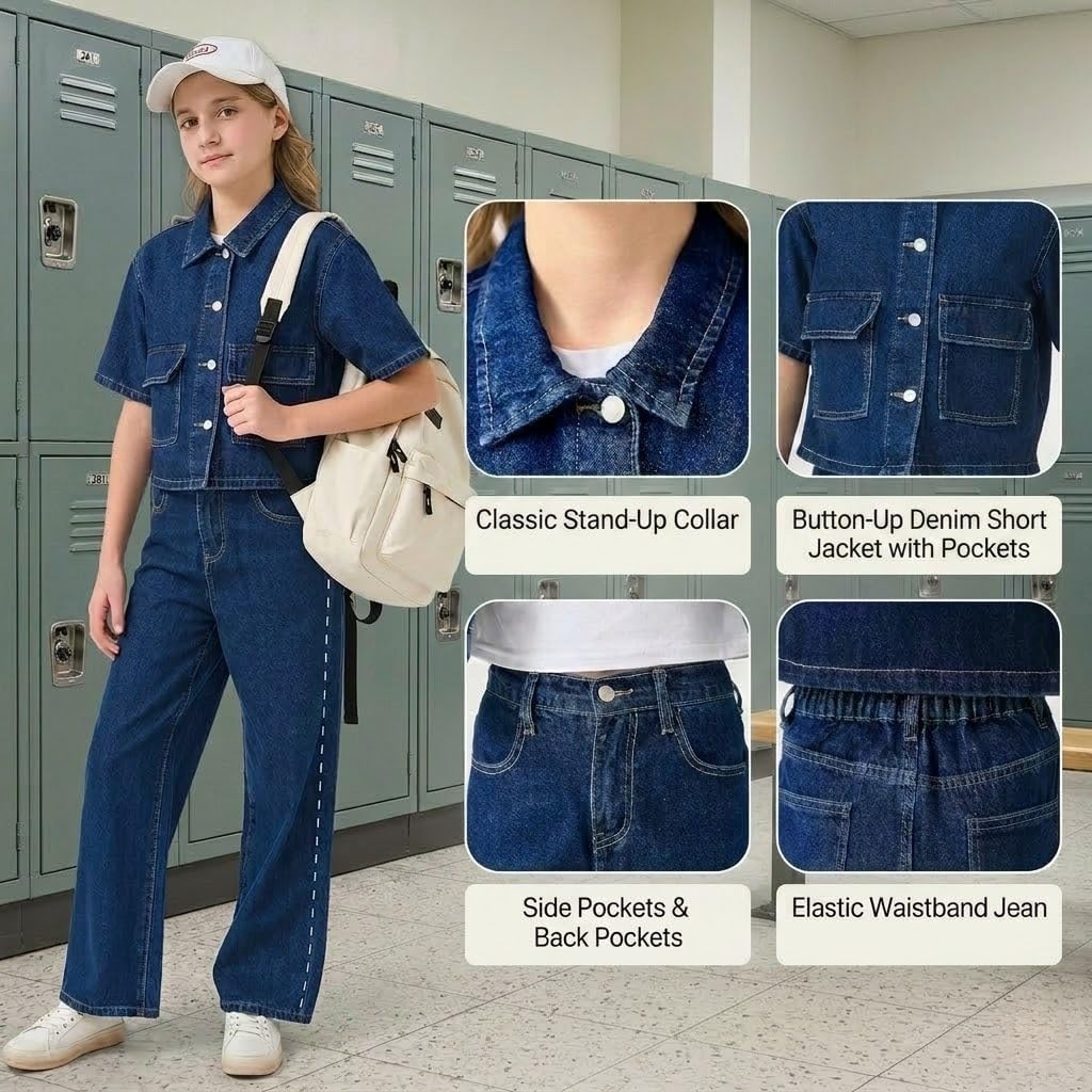 Girls 2-Piece Denim Set, 90s Vintage Short Sleeve Jacket & Straight-Leg Pants, Classic Casual School Outfit 8-12Y