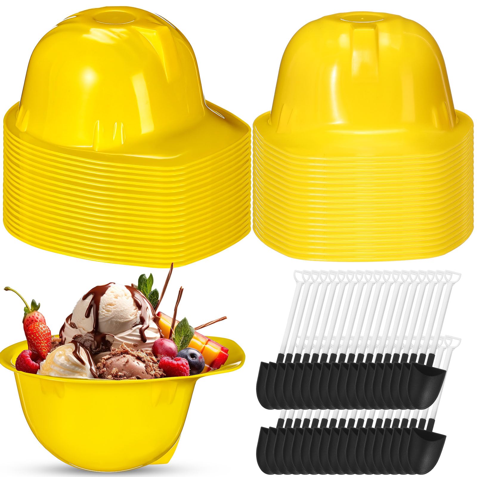 Uiifan Juego de 36 juegos de tazas de plástico para helado, tazas de yogur congelado con cucharas, sombrero de construcción resistente, helado para fiesta temática de construcción, regalo para niños