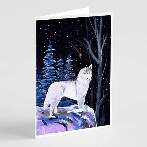Caroline's Treasures SS8400GCA7P - Tarjetas de felicitación y sobres de husky siberiano de noche estrellada, paquete de 8 tarjetas en blanco con