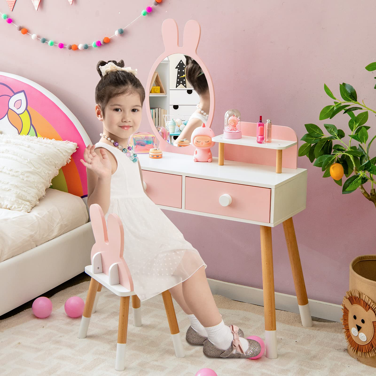 RELAX4LIFE 2 en 1 Tocador de Maquillaje para Niña con Espejo Extraíble y Taburete, Tocador Niña con 2 Cajones y 3 Accesorios, Maquillaje Niñas, Tocador Infantil de Madera para Niños 3-7 Años (Rosa)