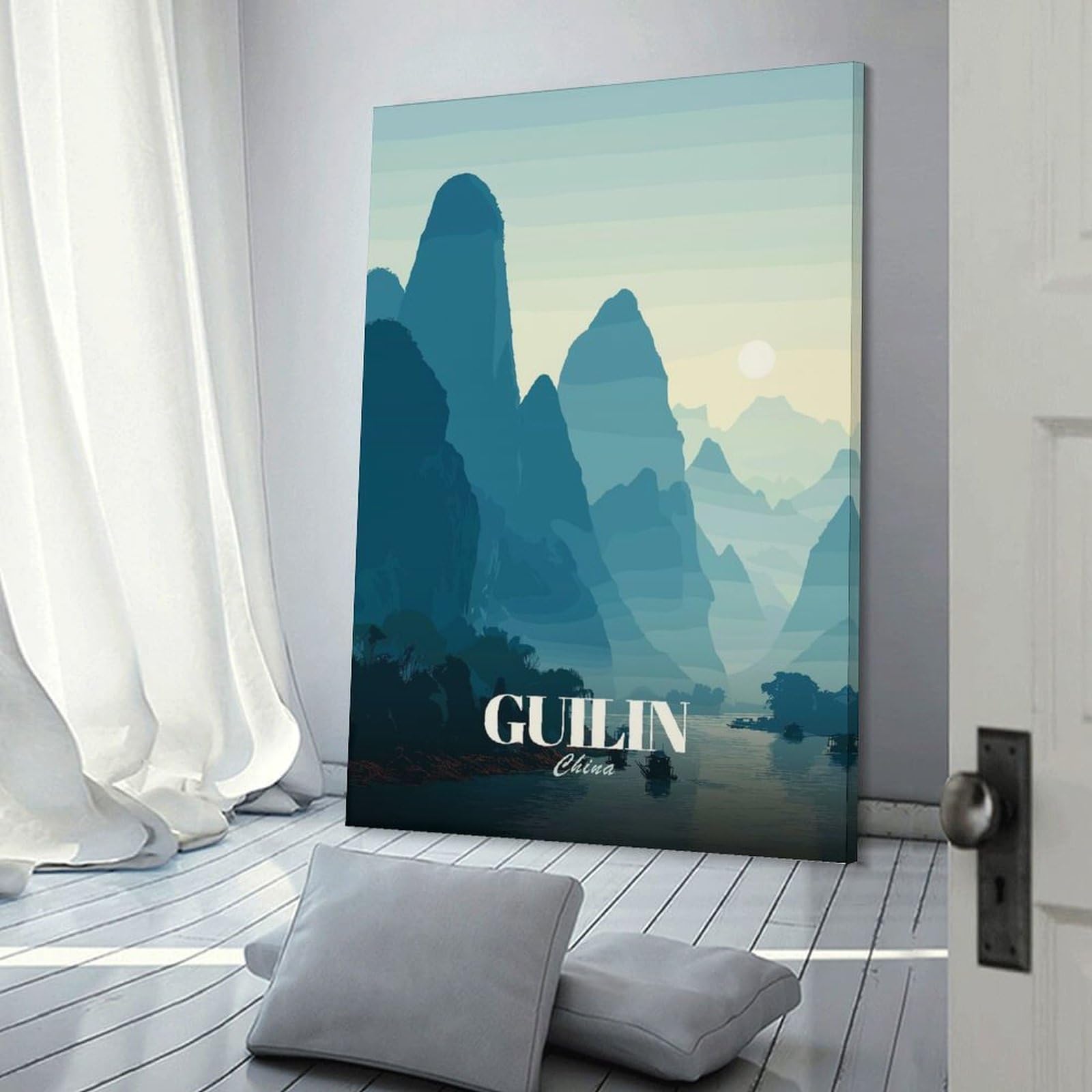 Junmoney Guilin China Landscape Illustration Canvas Wall Picture 24x36inch(60x90cm), for Contemporary Homes, Apartments Or Offices, Wall Decor with Flexible Room Appeal