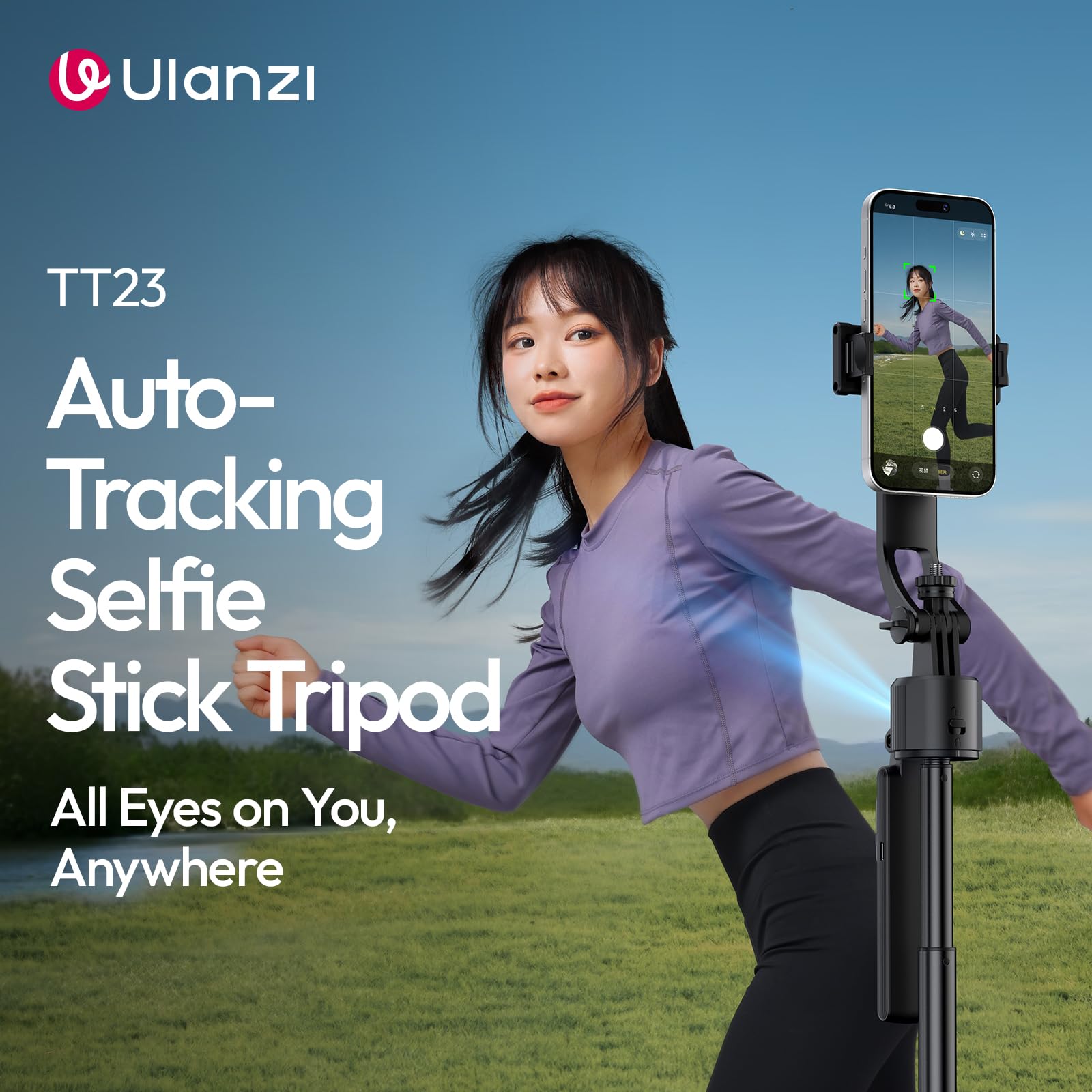 Ulanzi TT23 Trípode con Seguimiento Automático de Rostro para Móvil, 165 cm Palo Selfie con Rotación 360° con Mando a Distancia Bluetooth y Control por Gestos para iPhone/Cámara de Acción