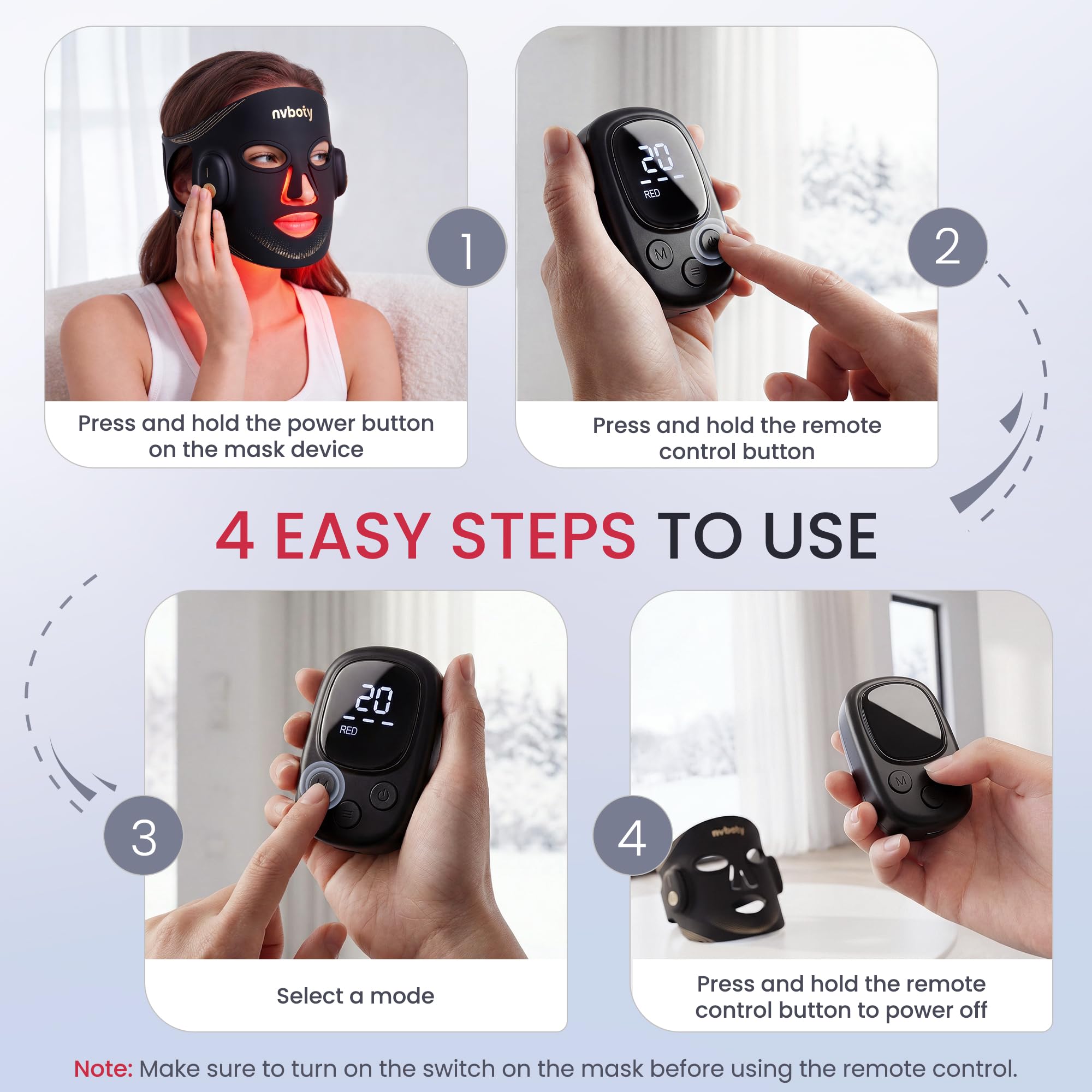 Red Light Therapy for Face, 4 Modes, Wireless 2000mAh Remote