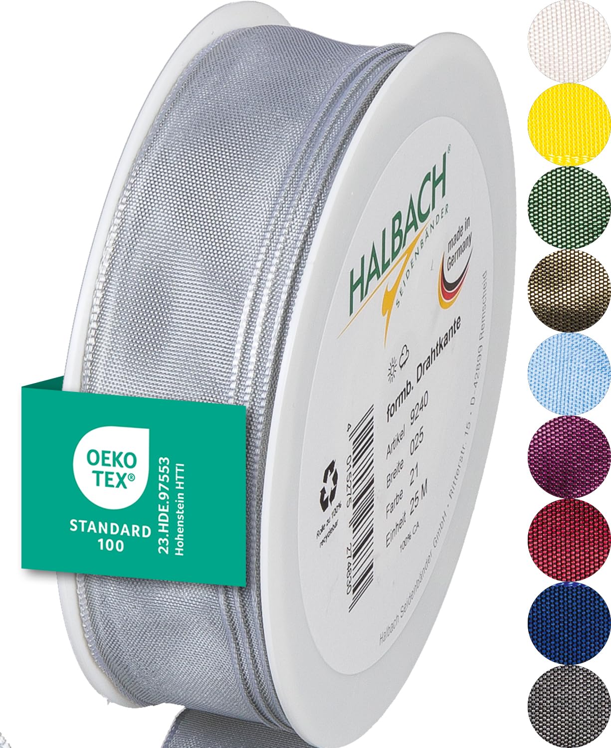 Halbach Seidenbänder Premium Geschenkband mit Drahtkante | Breite 25mm Länge 25m | Öko-Tex 100 zertifiziertes Schleifenband | Taftband Made in Germany, Farbe: hellgrau