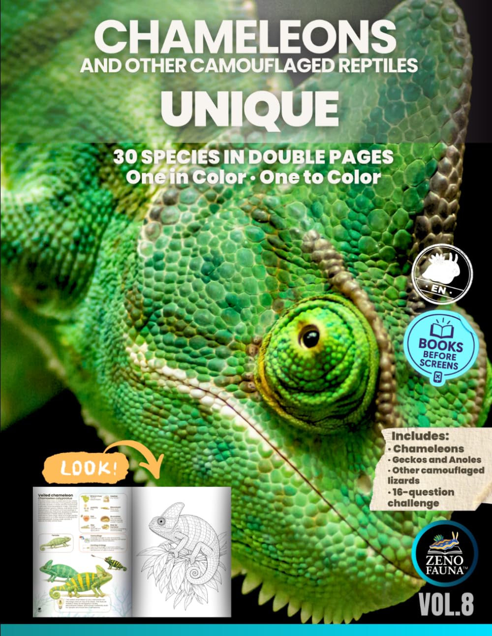 Chameleons and Other Camouflaged Reptiles – Unique: 30 Species in Double-Page Spreads: One in Color · One to Color (Unique Animals)