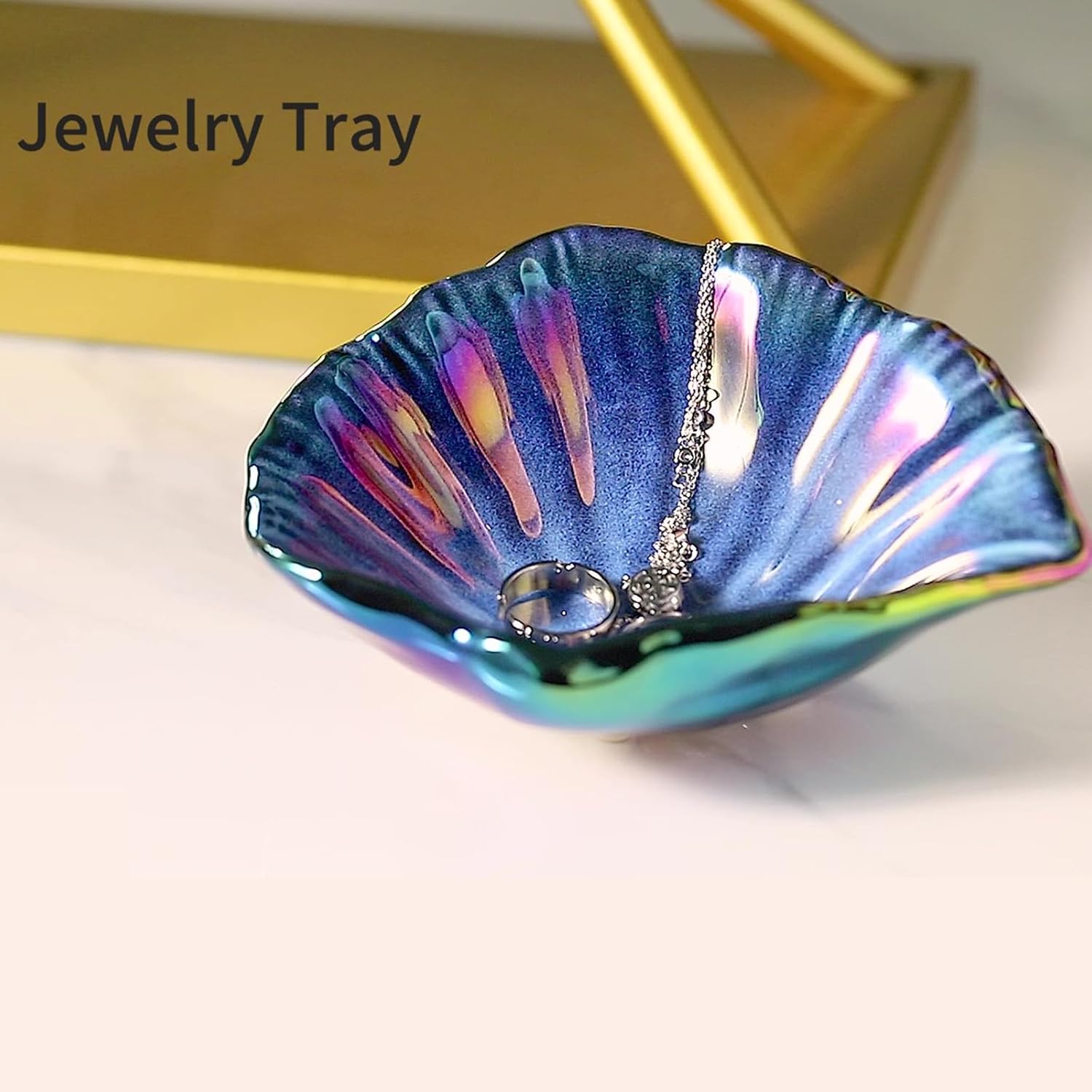 Jewelry Tray, 5.75 Inches Ceramic Jewelry Dish,Vivid Blue Shell Trinket Dish, Jewelry Plate as Concrete Home/Coffee Table Décor, Gifts for Woman/Mom/Friends Colorful Blue - Image 5