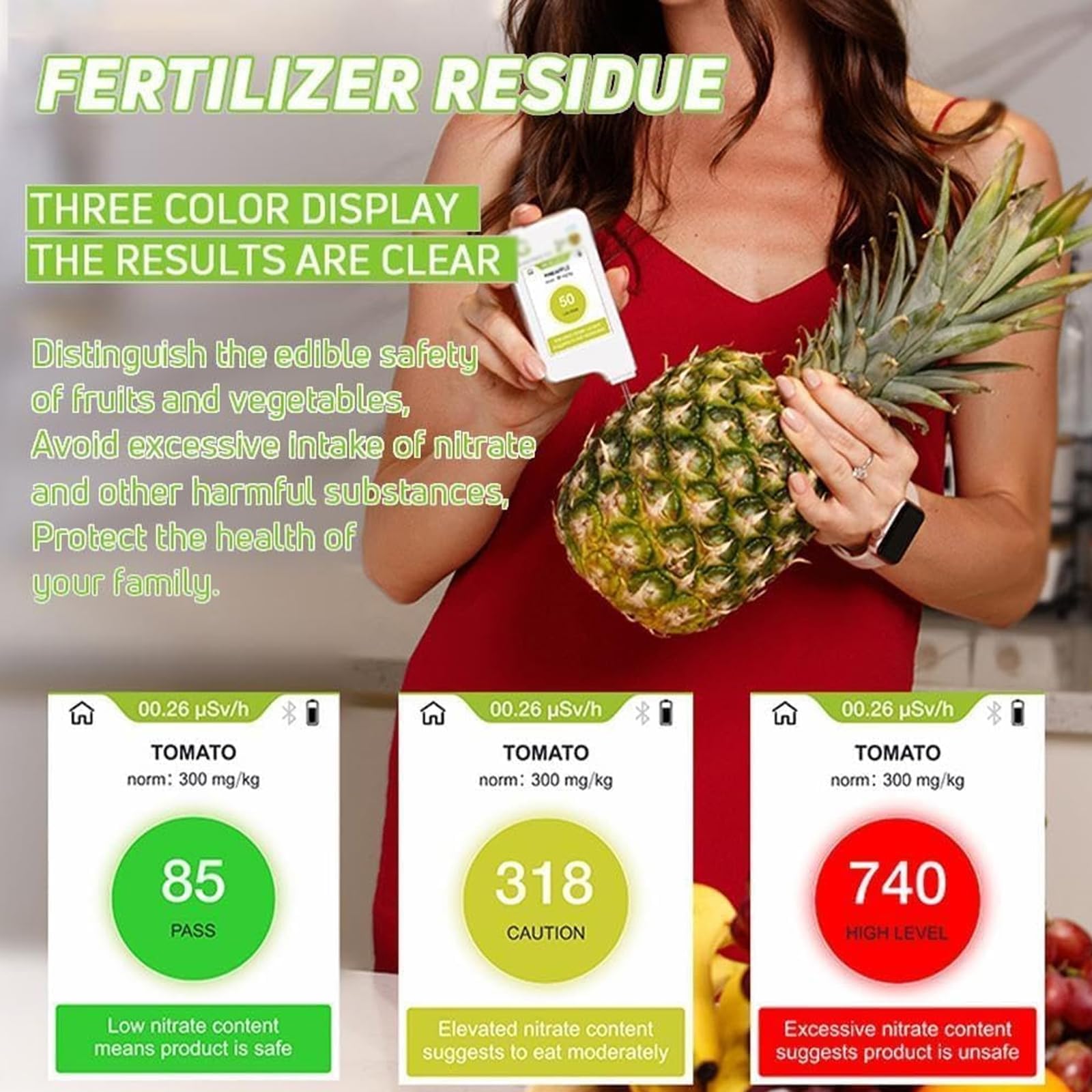 Tester portatile per residui di pesticidi, rilevatore di sicurezza alimentare per frutta, verdura, carne e acqua, strumento di test per nitrati da 0 a 9999 mg/kg, per uso domestico