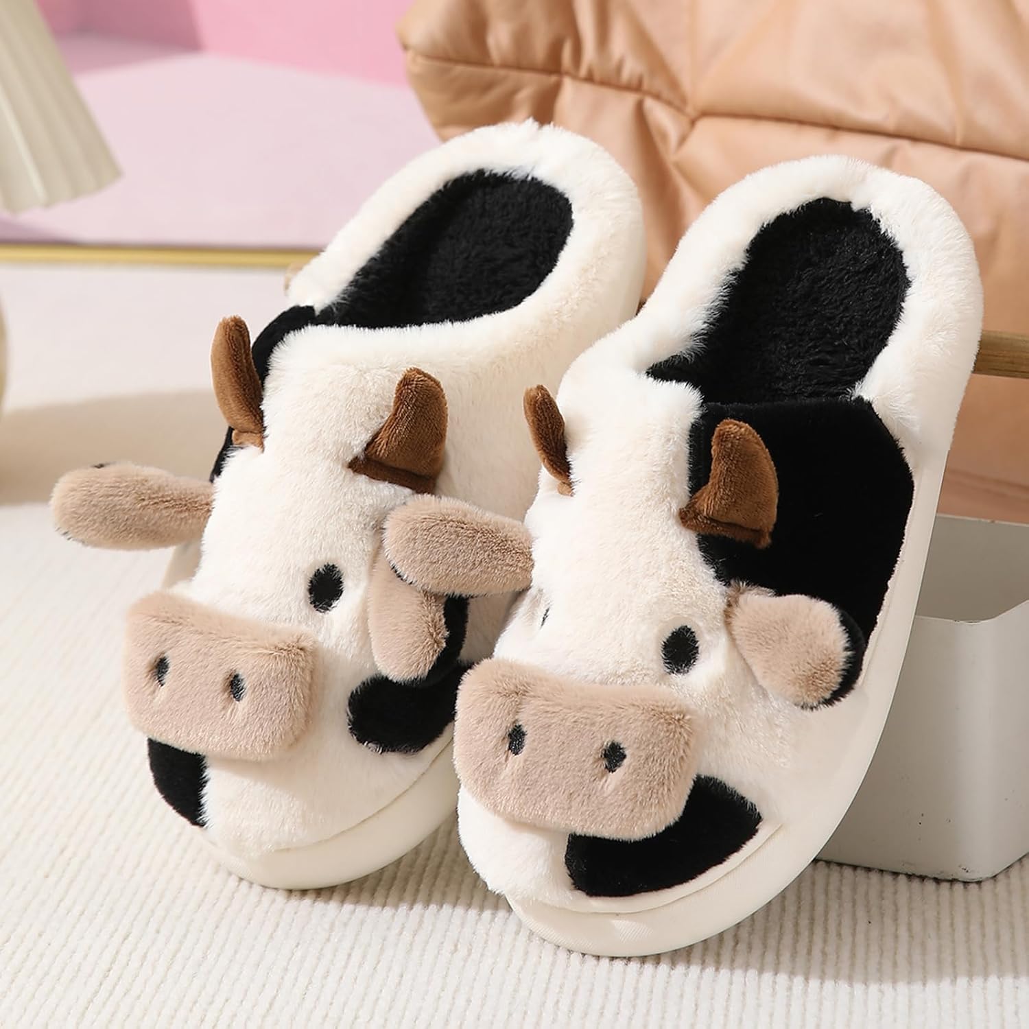 Cow Slippers for Women - Fluffy Animal Slipper for Adults, Cartoon Cute Bedroom Slides, Kawaii Winter Cotton Aesthetic House Shoes for Indoor and Outdoor Wear, Soft Fuzzy and Cozy - Image 7