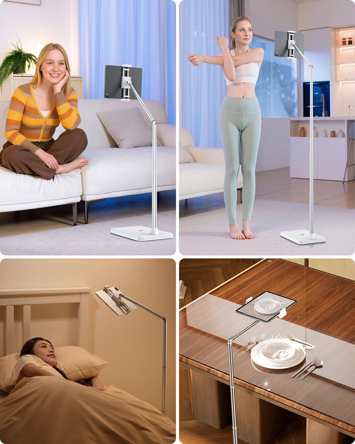 Viozon Tablet-Bodenständer, Höhe & Winkel verstellbar mit Arm aus Aluminiumlegierung, 360° drehbar, ideal für Bett, Sofa oder Nachttisch, kompatibel mit 3,5-11 Zoll iPad Pro/Air/Mini, iPhone 15/14