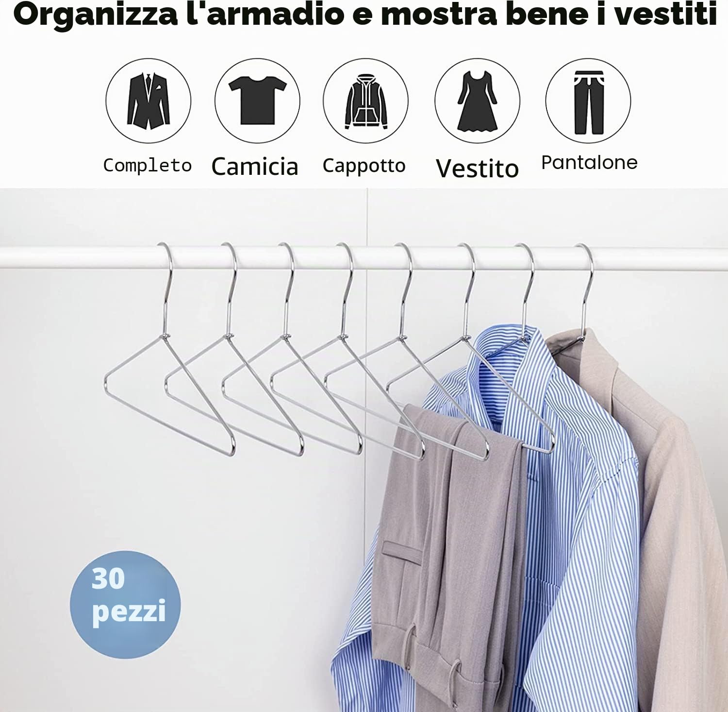 Amber Home 10 Pezzi 43cm di Grucce Appendiabiti in Ferro Metallico Cromo per Completo, Magliette, Camicie, Giacche, Abiti, Vestito, Scanalature Antiscivolo, Forte e Resistente