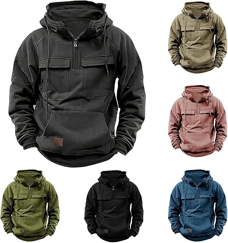 SHOPESSA Sudadera táctica con cremallera de 14 para hombre, con bolsillos tipo cargo, cuello alto, cálida, para entrenamiento al aire libre
